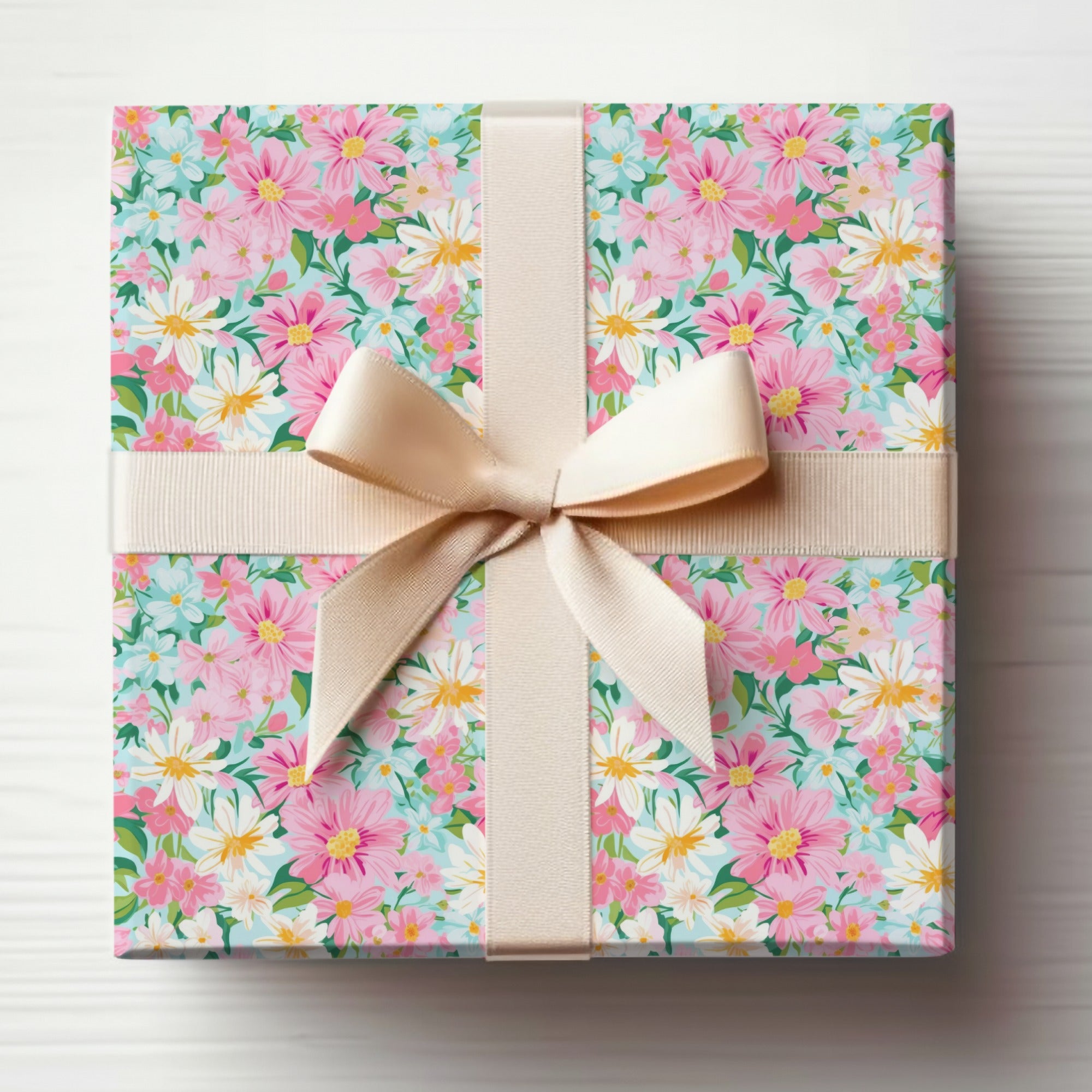 Floral Gift Wrap Box with Elegant Cream Bow Design