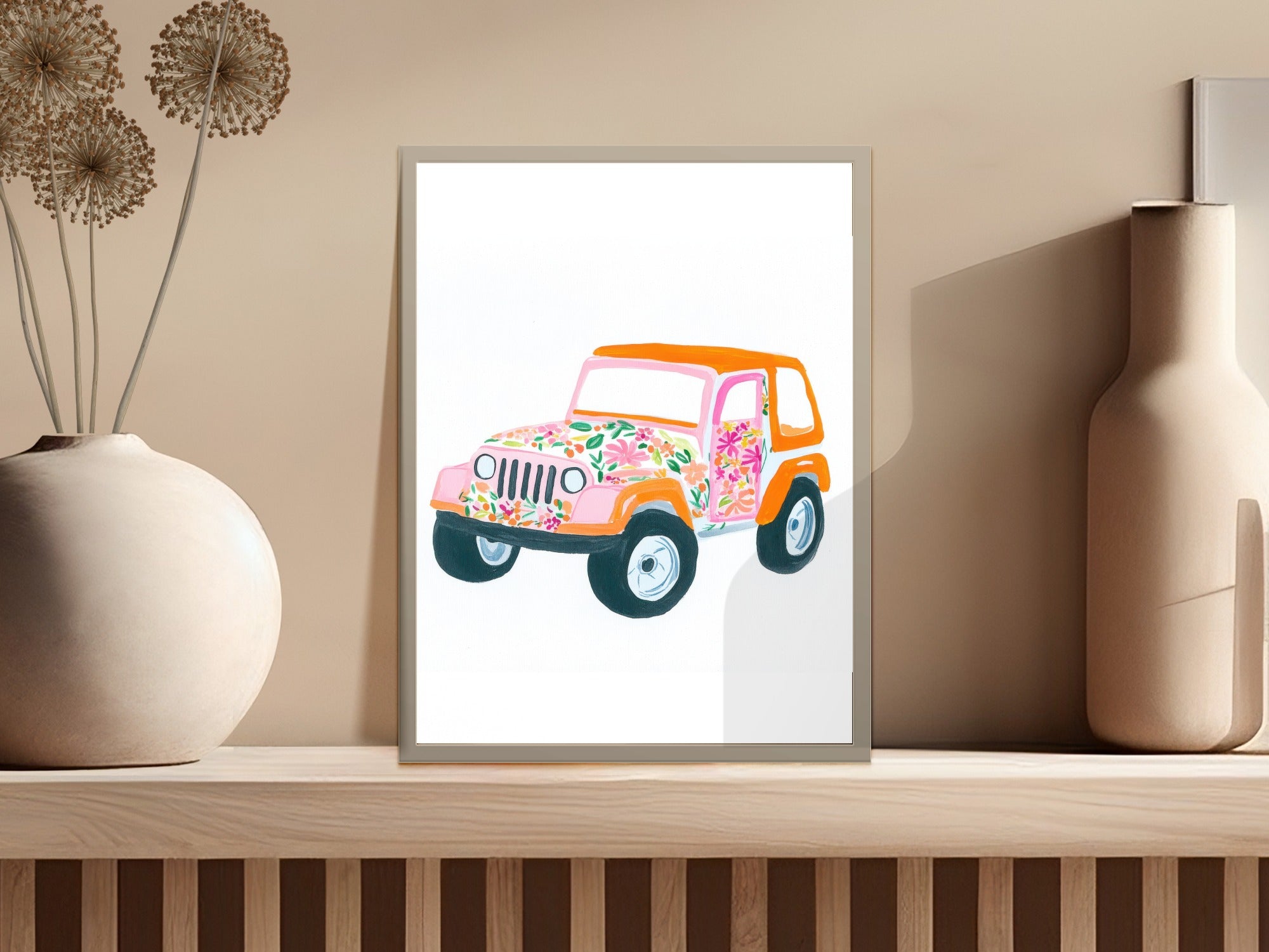 Watercolor illustration of an orange Jeep with floral pattern on a shelf.