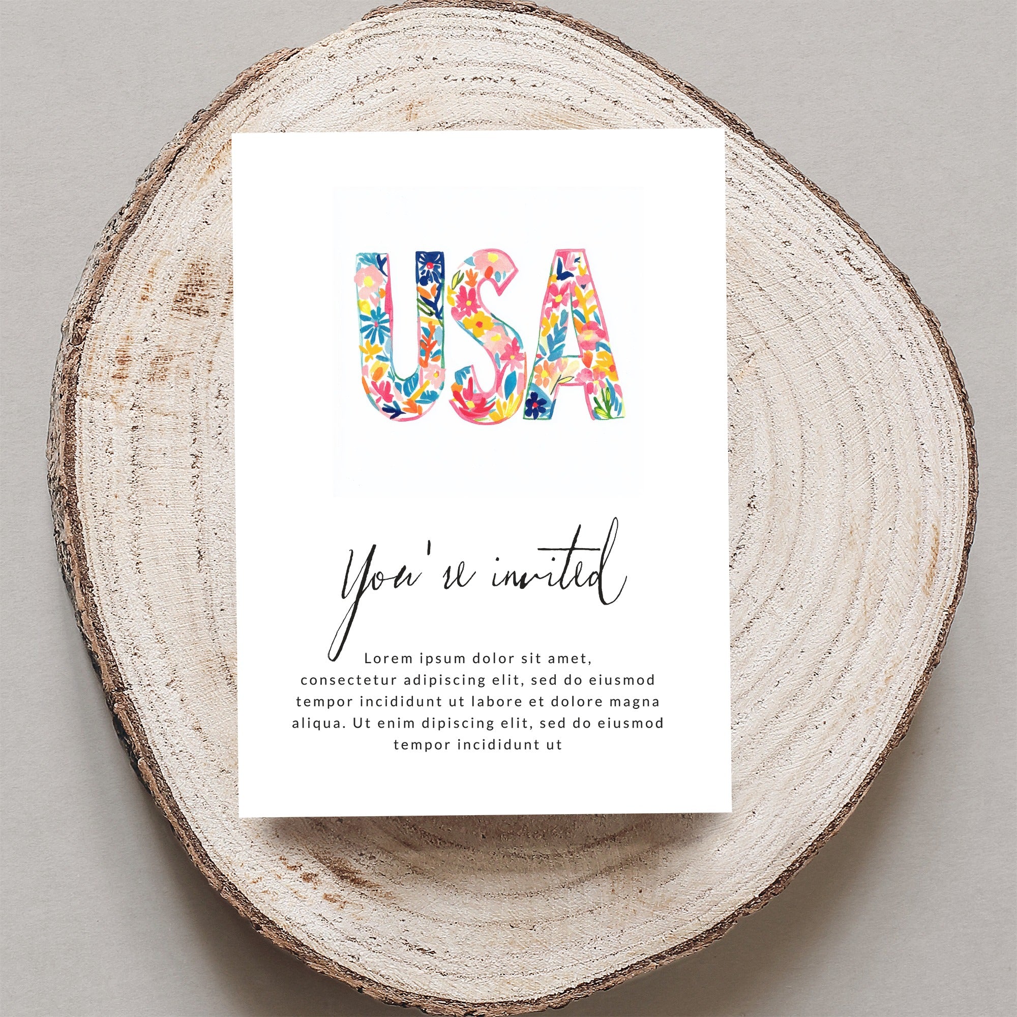 Card with "USA" and floral lettering, "You're invited" text, and placeholder copy.