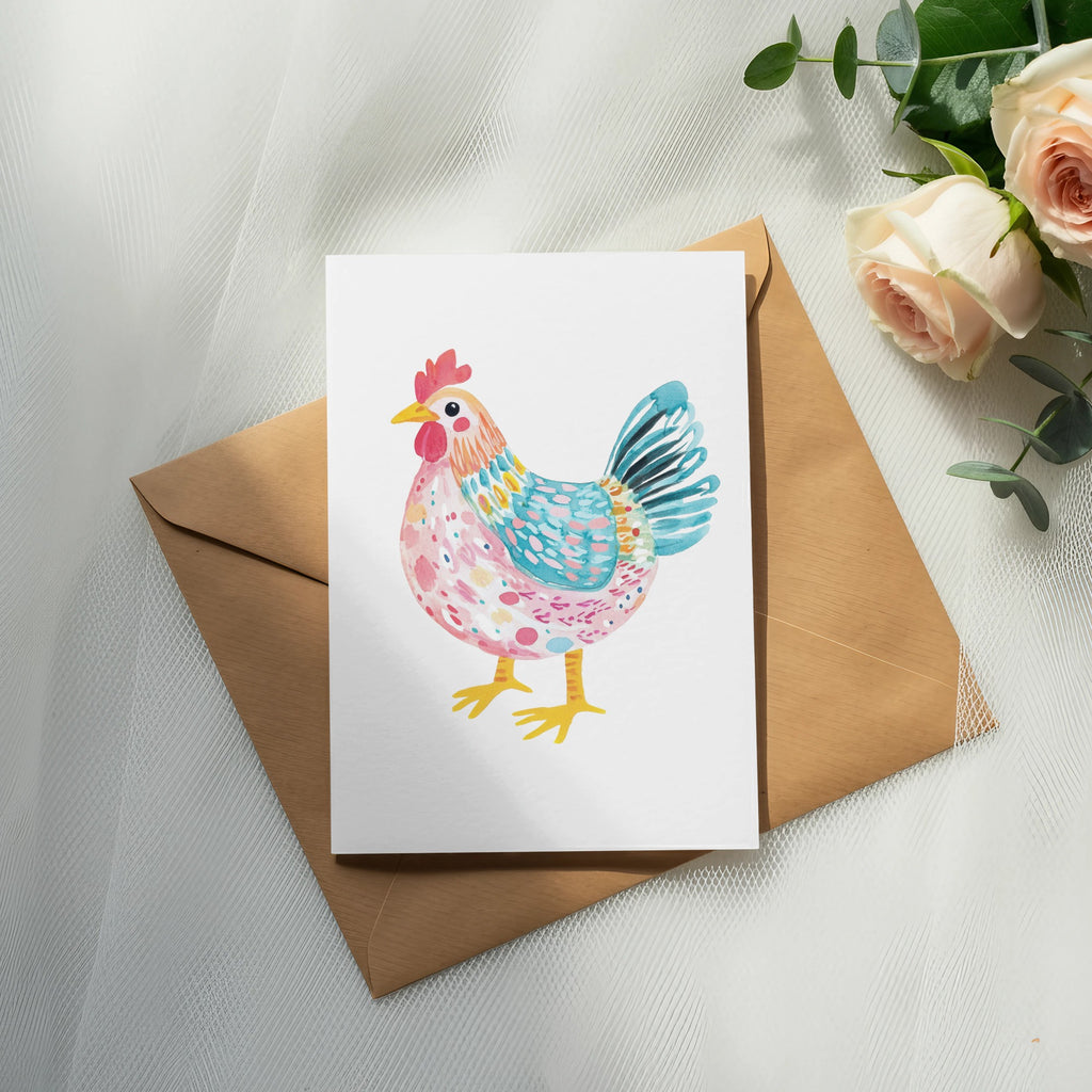 Watercolor chicken illustration on a card resting on an open envelope.