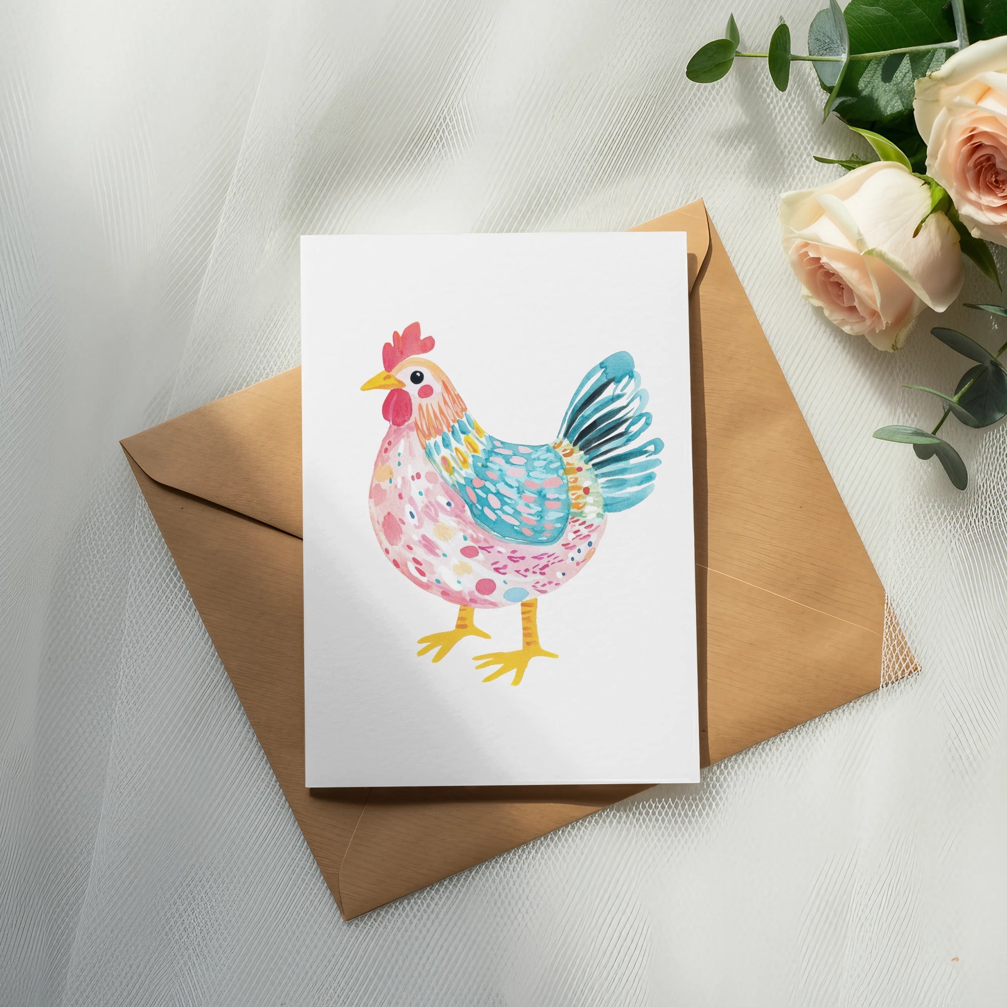 Watercolor chicken illustration on a card resting on an open envelope.