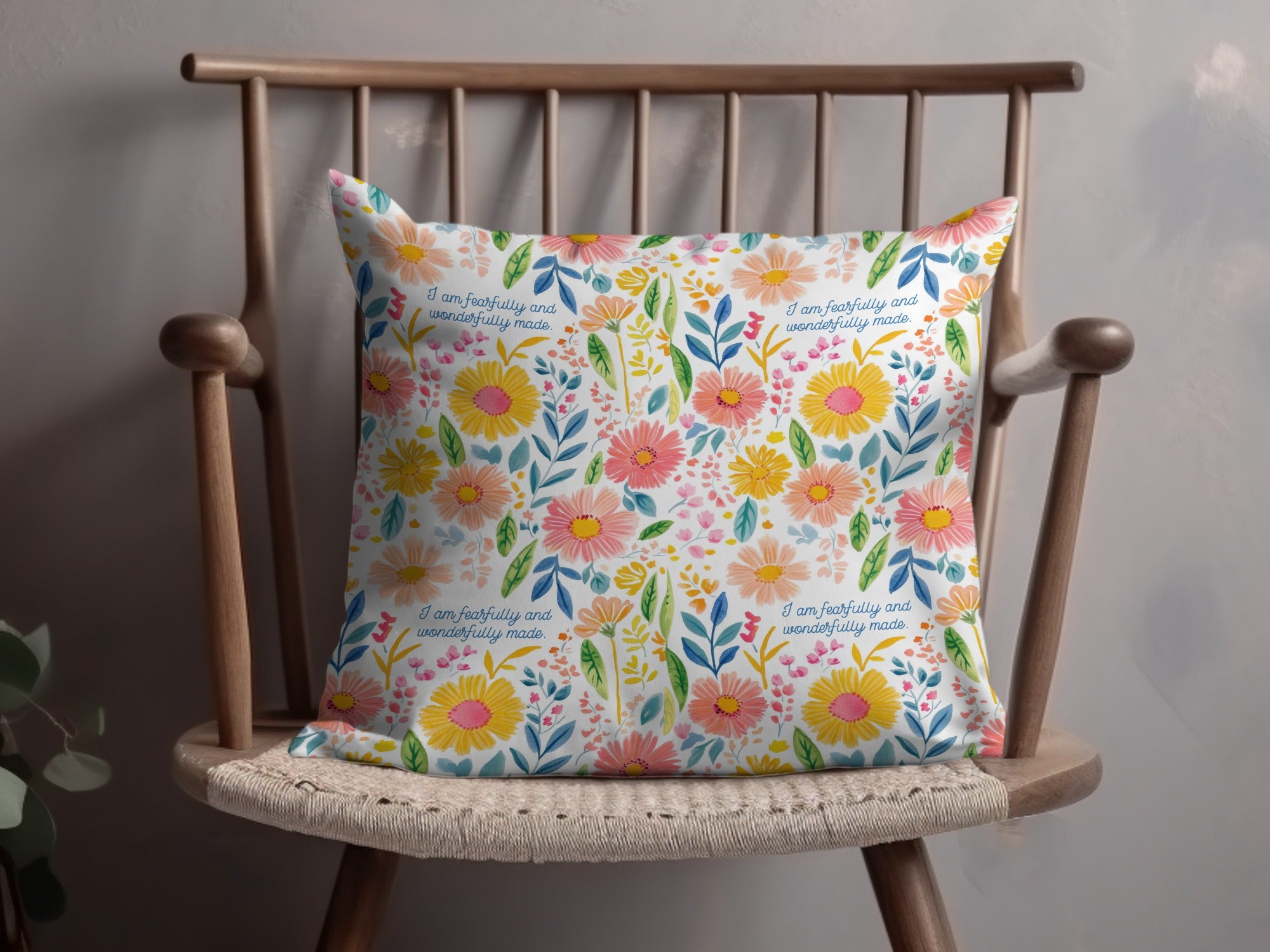 Colorful Floral Accent Pillow with Inspirational Quote