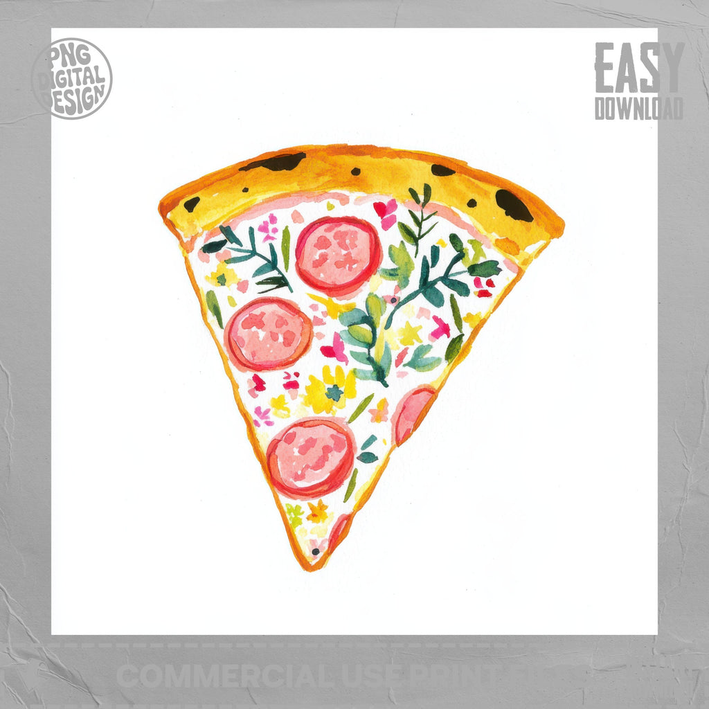 Watercolor slice of pepperoni pizza with greenery and pink flowers.