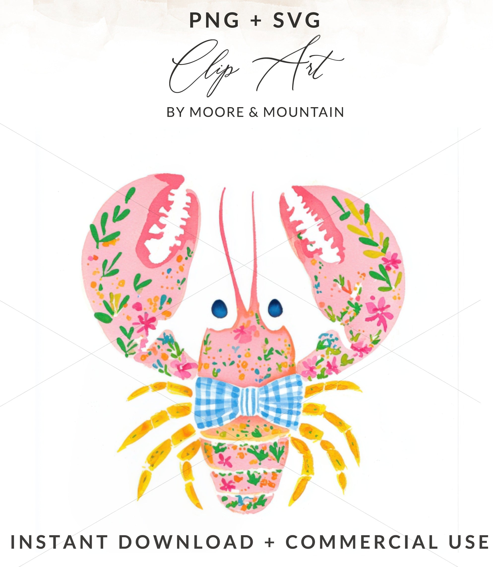 Pink lobster with floral design and blue bow tie.