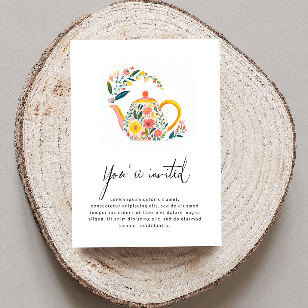 Invitation with floral teapot and "You're invited" text.