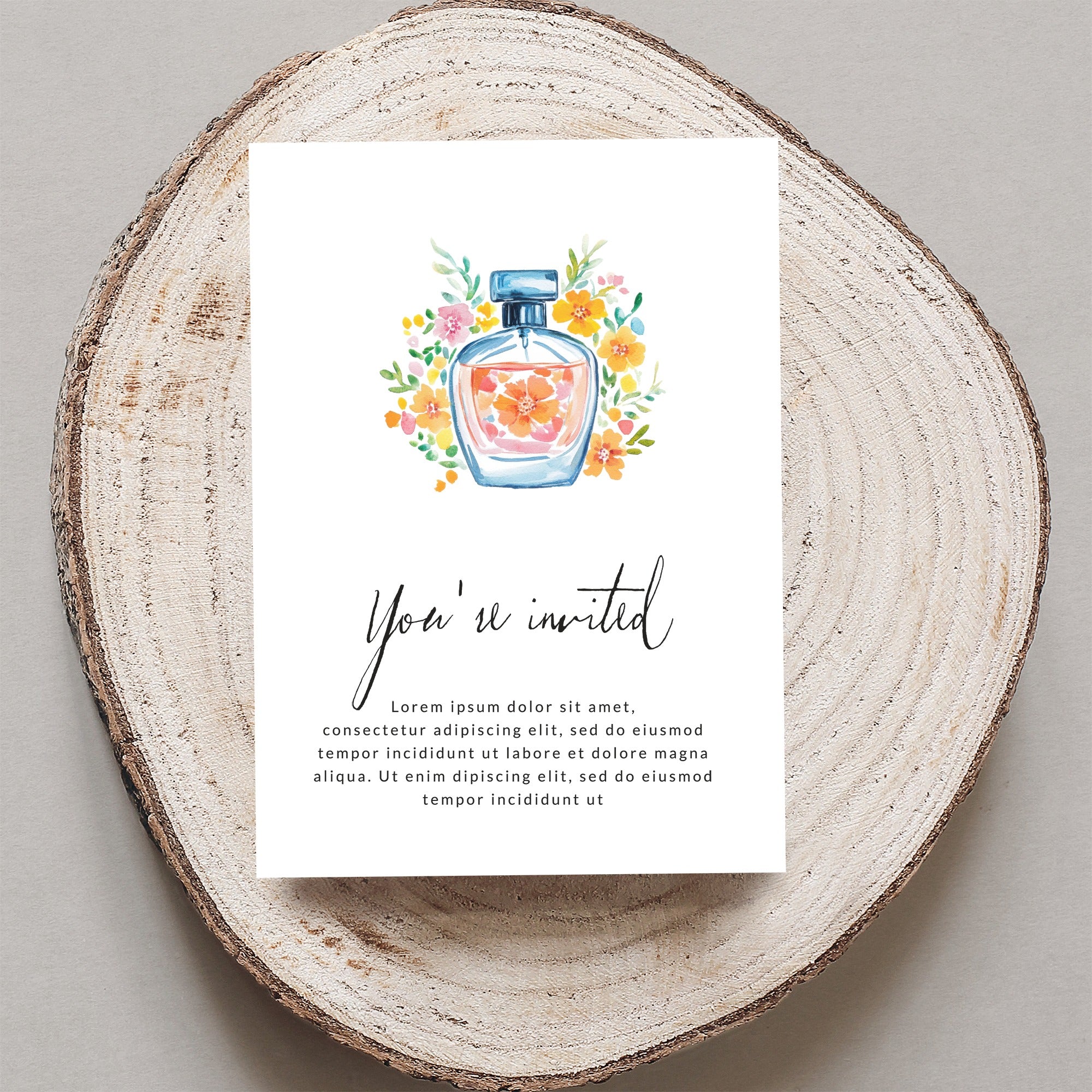 Invitation with floral perfume bottle graphic and "You're invited" text.