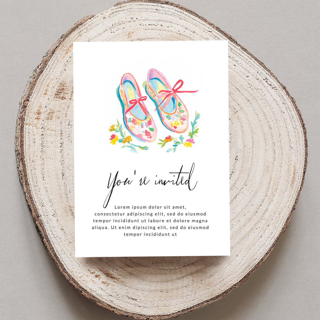 Ballet slippers with ribbon, floral accents, and "You're invited" text.
