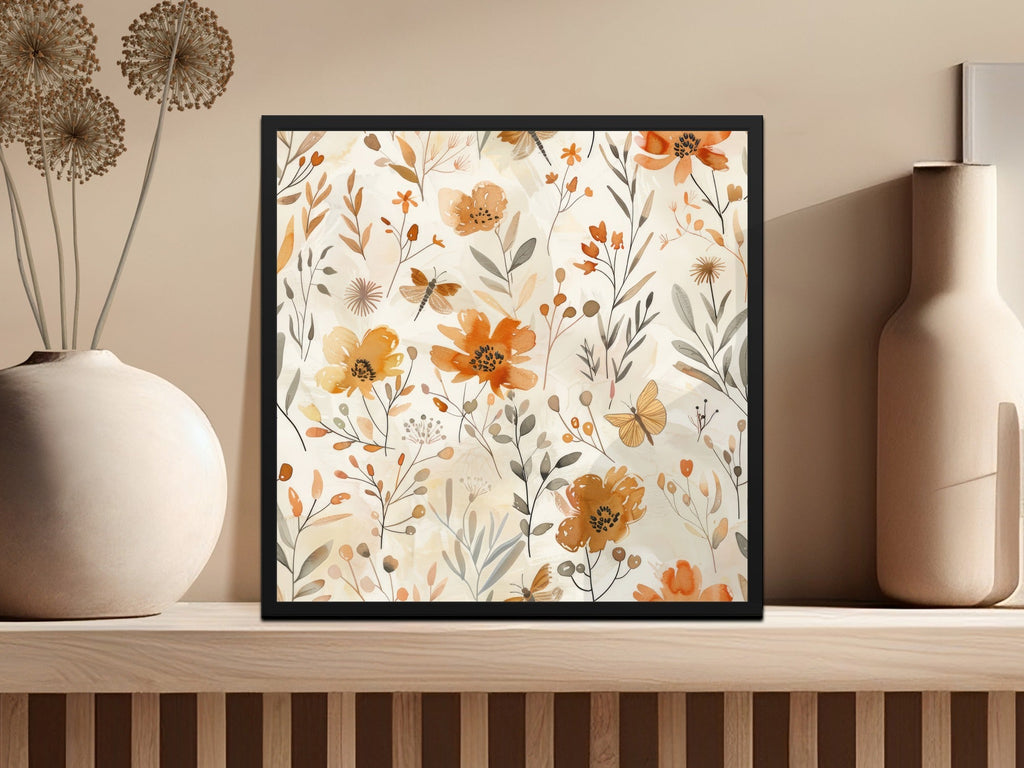 Digital Autumn Floral Pattern, Watercolor Flowers and Insects, Fall Boho Design, Neutral Beige Background, Digital Download - Moore and Mountain