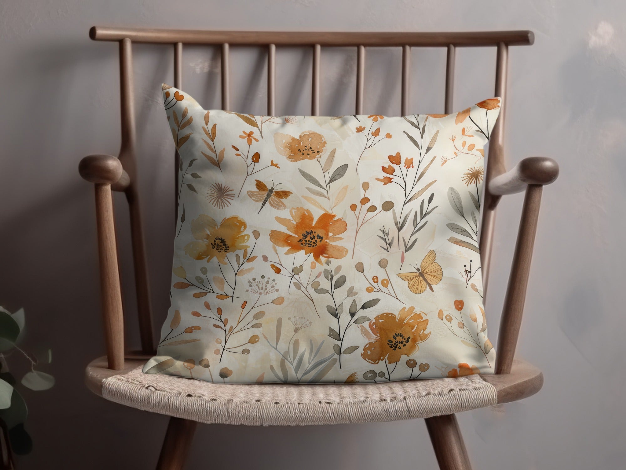 Digital Autumn Floral Pattern, Watercolor Flowers and Insects, Fall Boho Design, Neutral Beige Background, Digital Download - Moore and Mountain