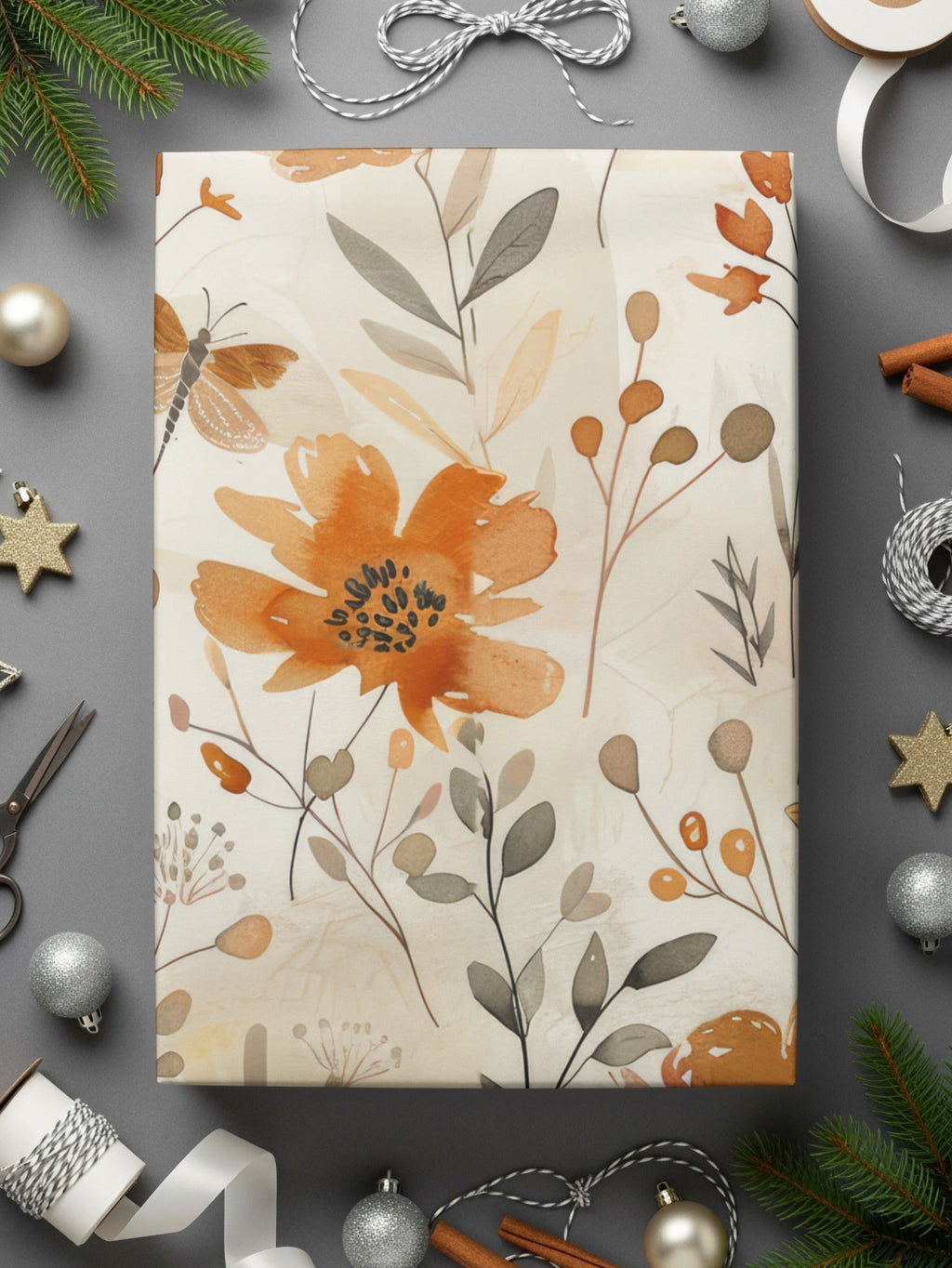 Digital Autumn Floral Pattern, Watercolor Flowers and Insects, Fall Boho Design, Neutral Beige Background, Digital Download - Moore and Mountain