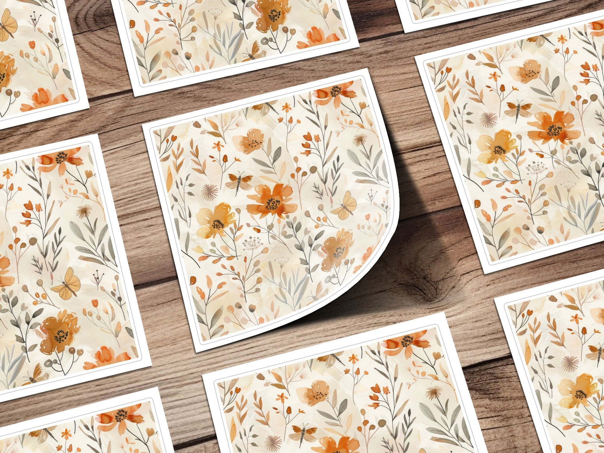 Digital Autumn Floral Pattern, Watercolor Flowers and Insects, Fall Boho Design, Neutral Beige Background, Digital Download - Moore and Mountain