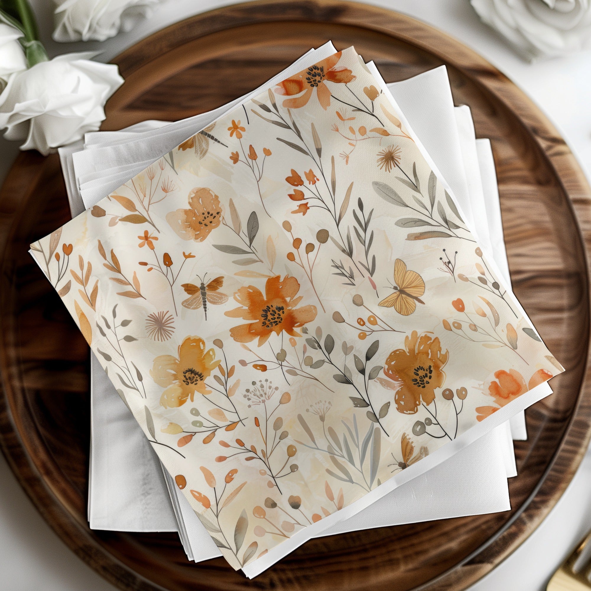 Digital Autumn Floral Pattern, Watercolor Flowers and Insects, Fall Boho Design, Neutral Beige Background, Digital Download - Moore and Mountain