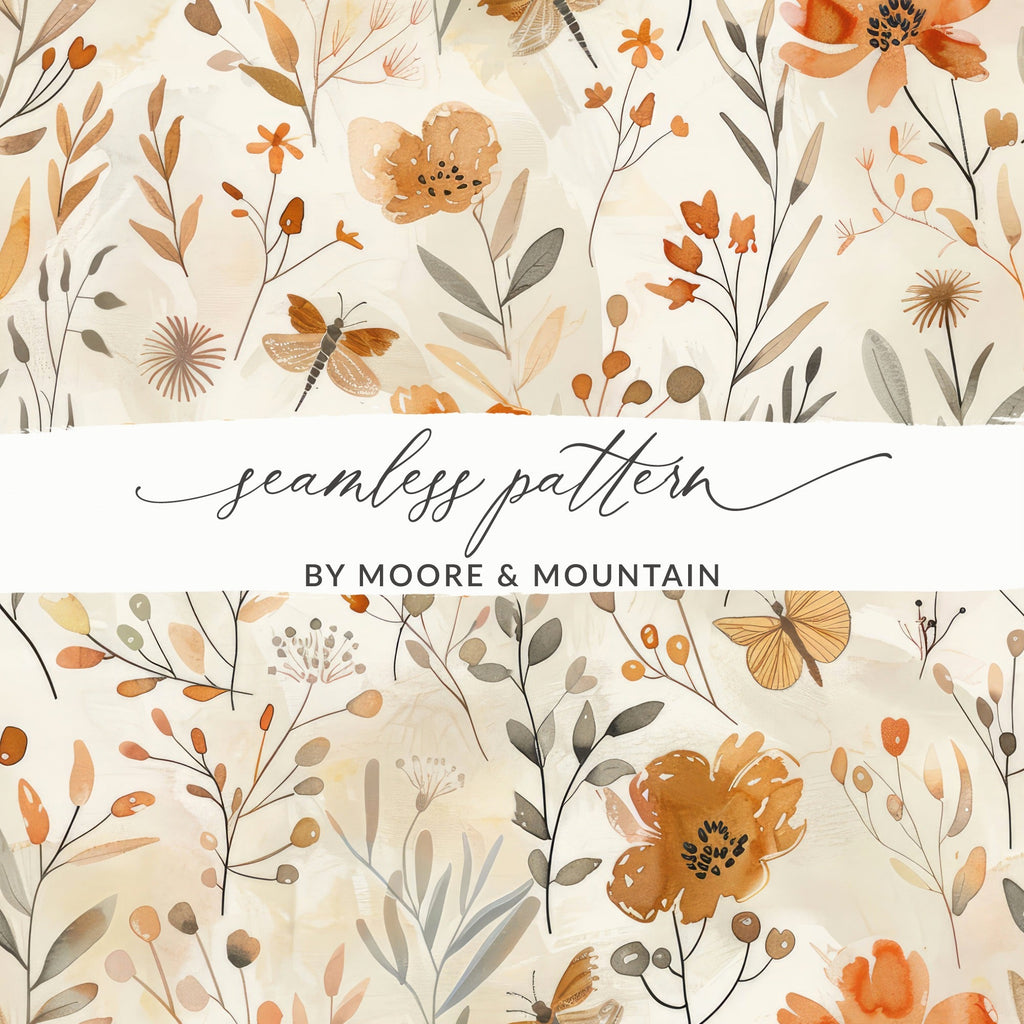 Digital Autumn Floral Pattern, Watercolor Flowers and Insects, Fall Boho Design, Neutral Beige Background, Digital Download - Moore and Mountain