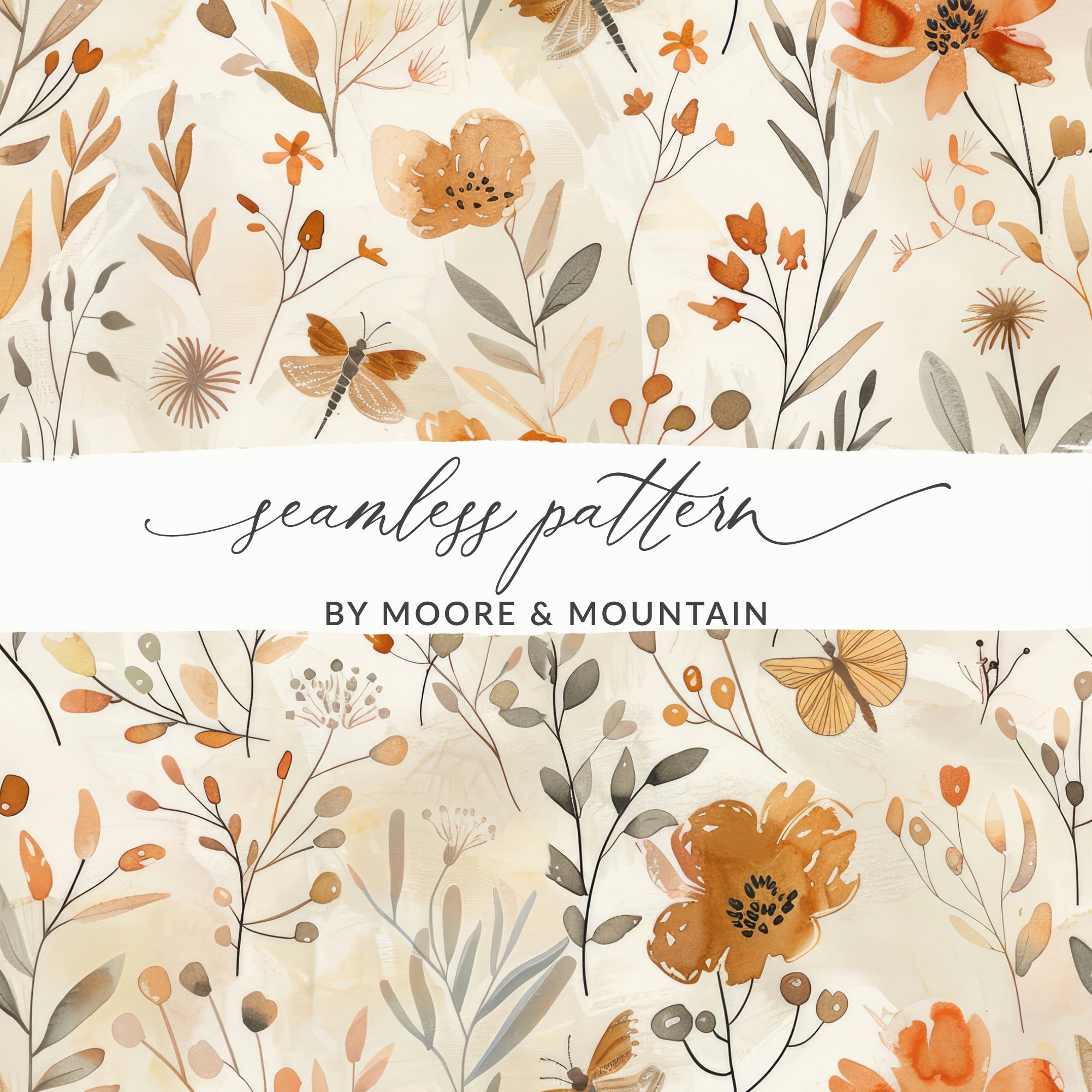 Digital Autumn Floral Pattern, Watercolor Flowers and Insects, Fall Boho Design, Neutral Beige Background, Digital Download - Moore and Mountain