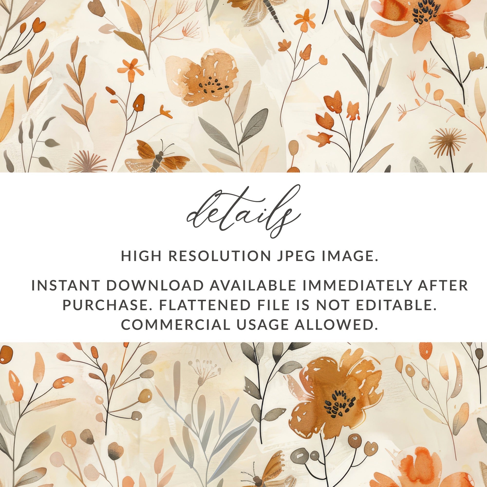 Digital Autumn Floral Pattern, Watercolor Flowers and Insects, Fall Boho Design, Neutral Beige Background, Digital Download - Moore and Mountain