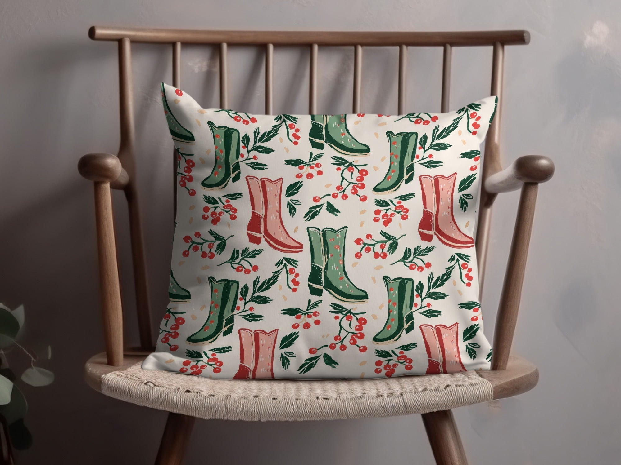 Digital Cowboy Boots and Berries Seamless Pattern, Christmas, Autumn Digital Paper, 12x12 JPEG File, Fabric Design, Scrapbooking - Moore and Mountain