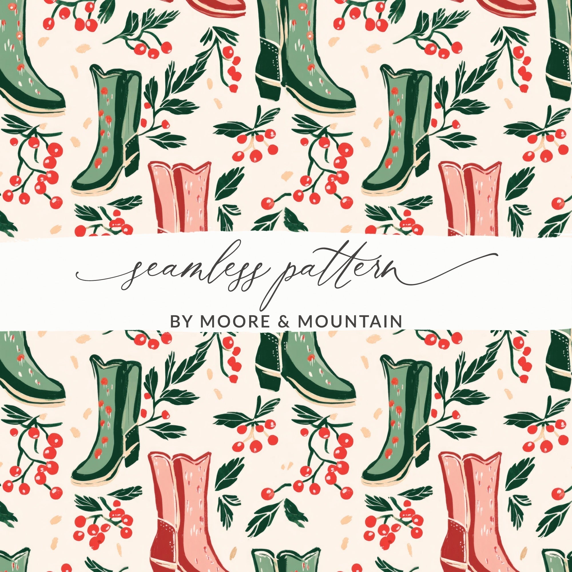 Digital Cowboy Boots and Berries Seamless Pattern, Christmas, Autumn Digital Paper, 12x12 JPEG File, Fabric Design, Scrapbooking - Moore and Mountain