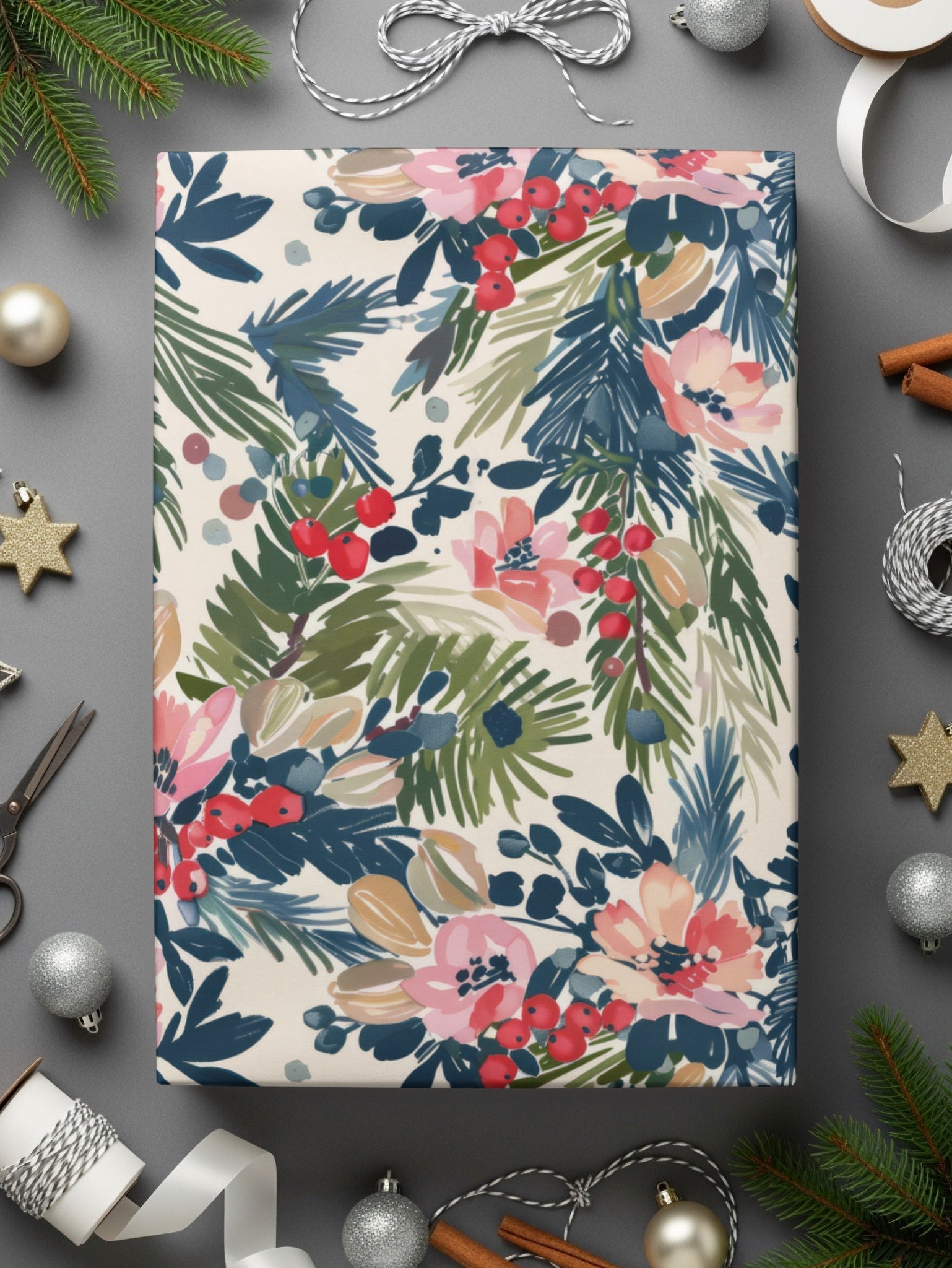 Digital Floral Christmas Seamless Pattern, Watercolor Flowers Pine Branches, Repeating Fabric Design, Scrapbooking Paper, Commercial Use - Moore and Mountain