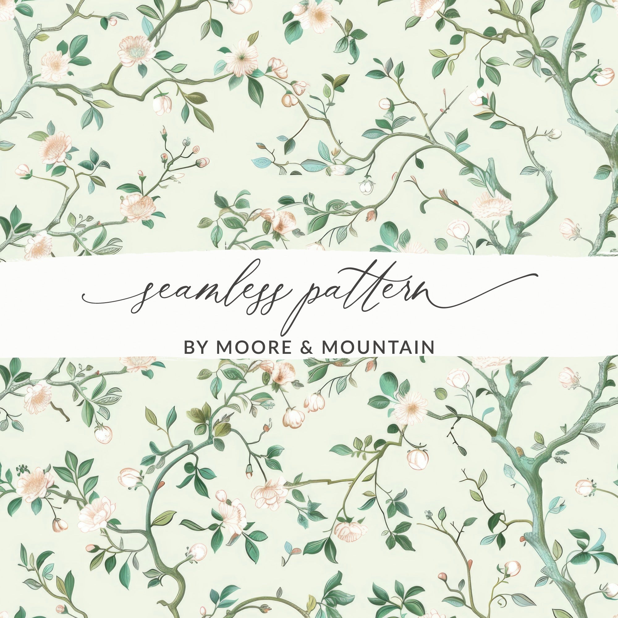 Digital Floral Pattern, Seamless Blossom Design, Chinoiserie Style, Flower Wallpaper, Printable Fabric Pattern, Floral Digital Paper - Moore and Mountain