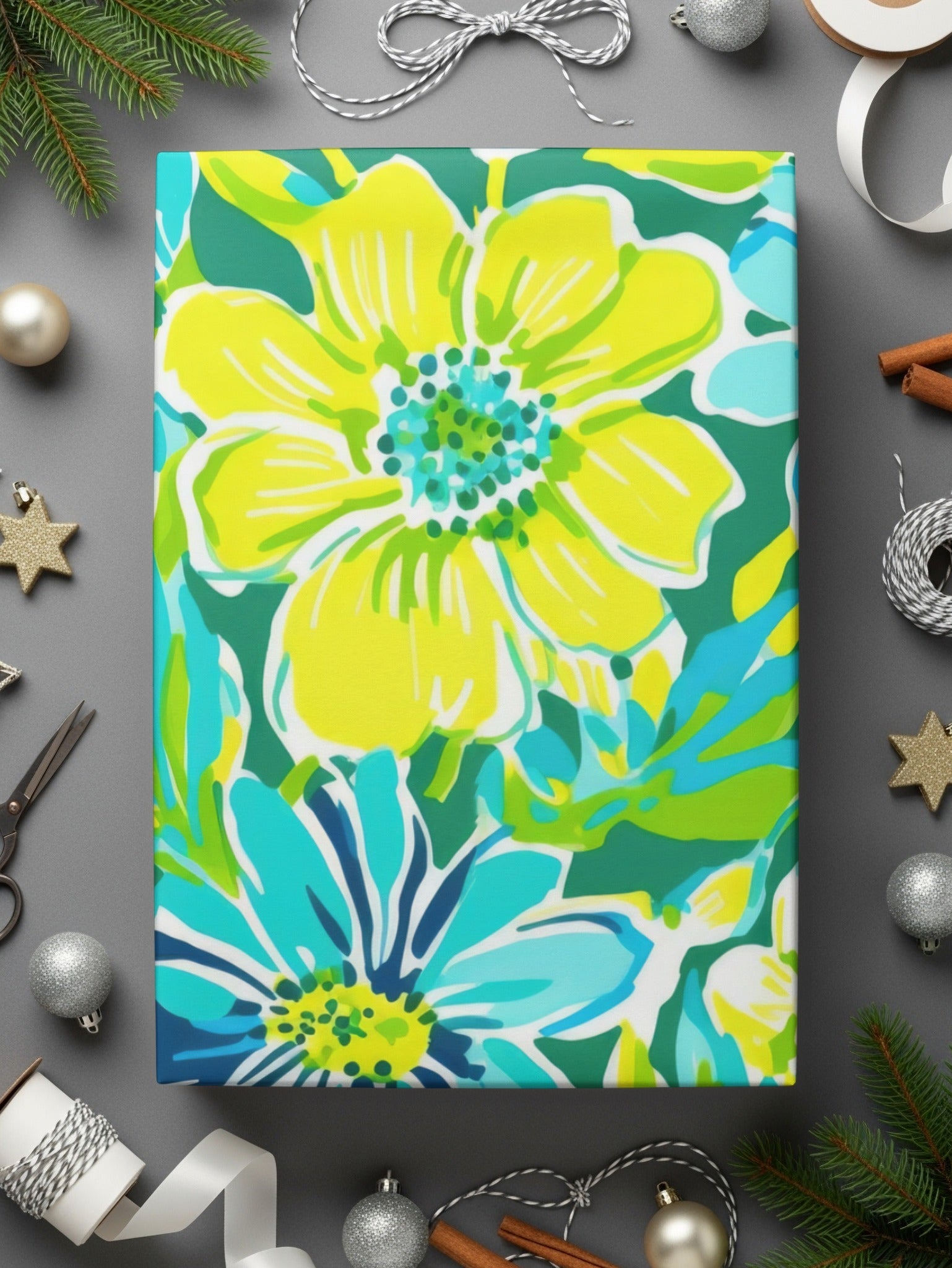 Digital Floral Pattern, Seamless Flower Design, Turquoise Yellow Green, 12x12 JPEG, Digital Paper, Spring Summer Fabric, Scrapbooking - Moore and Mountain