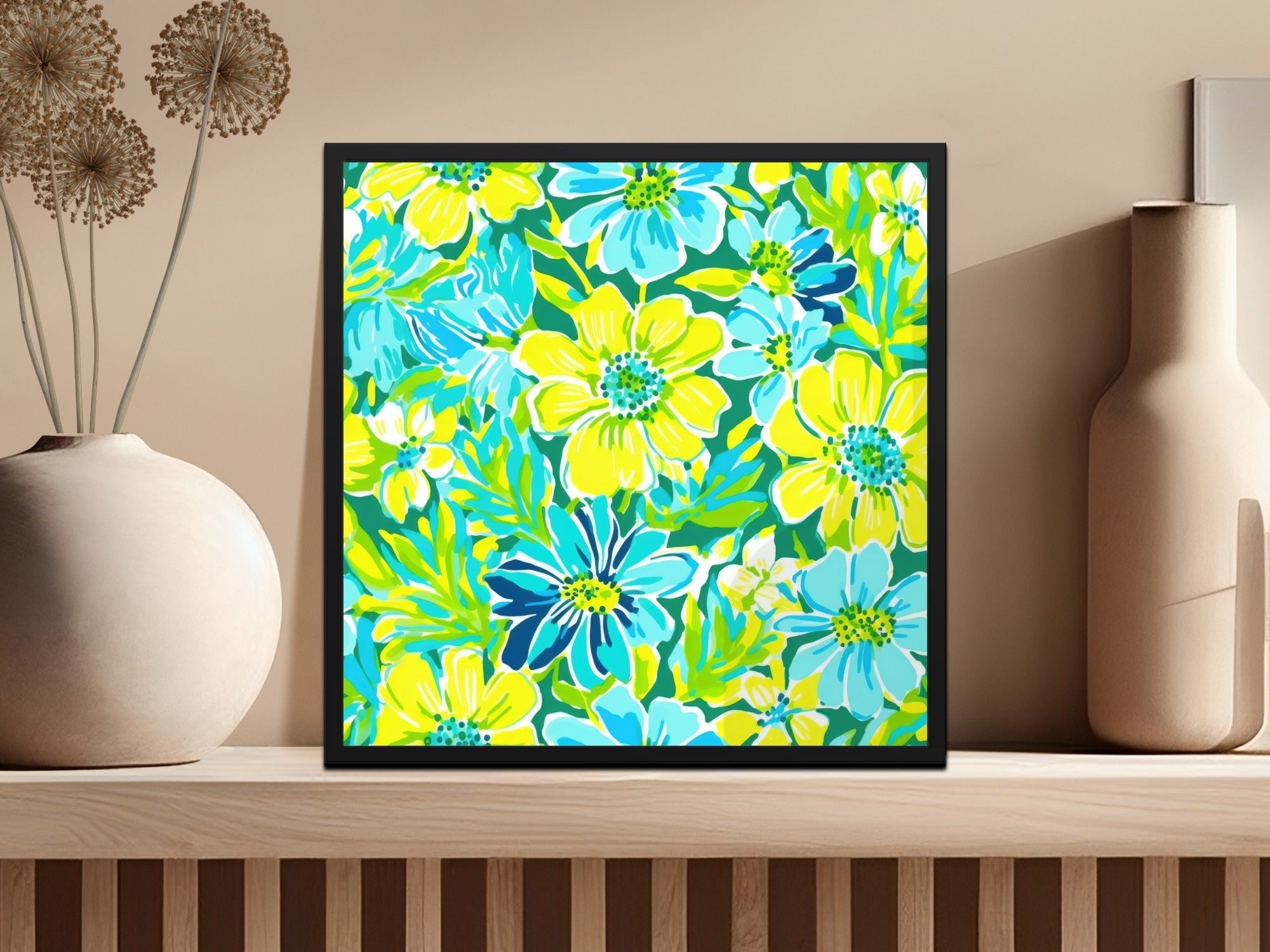 Digital Floral Pattern, Seamless Flower Design, Turquoise Yellow Green, 12x12 JPEG, Digital Paper, Spring Summer Fabric, Scrapbooking - Moore and Mountain