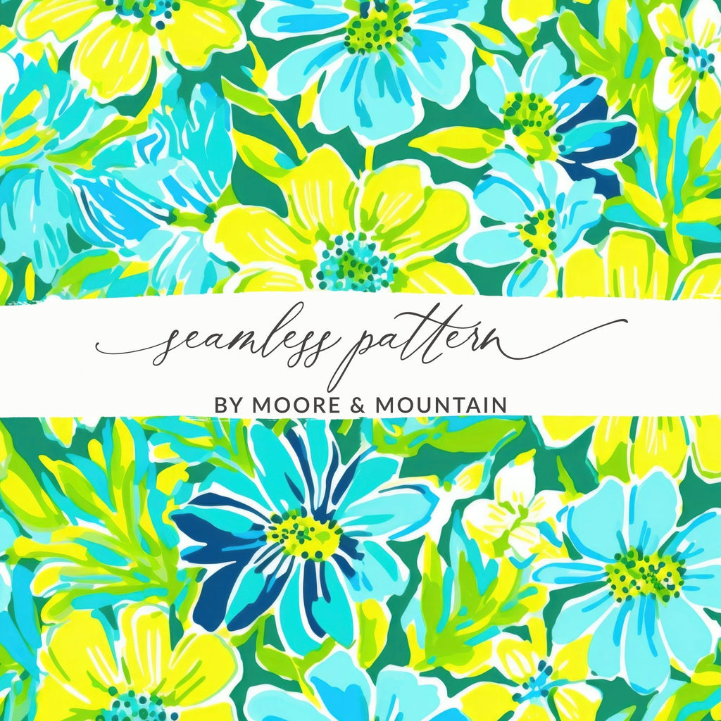 Digital Floral Pattern, Seamless Flower Design, Turquoise Yellow Green, 12x12 JPEG, Digital Paper, Spring Summer Fabric, Scrapbooking - Moore and Mountain