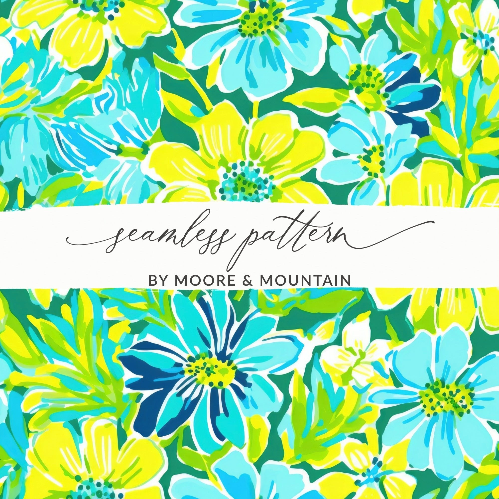 Digital Floral Pattern, Seamless Flower Design, Turquoise Yellow Green, 12x12 JPEG, Digital Paper, Spring Summer Fabric, Scrapbooking - Moore and Mountain