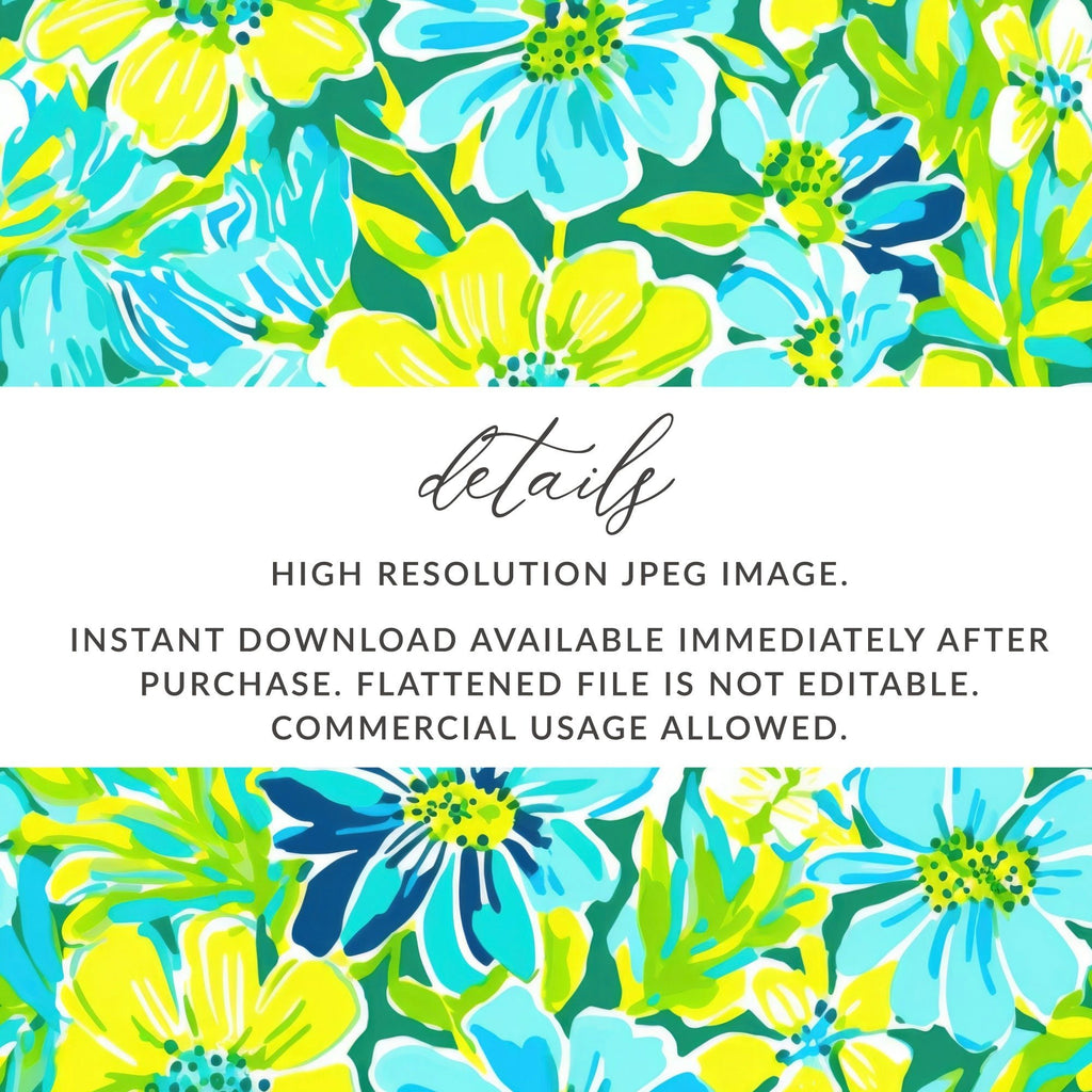 Digital Floral Pattern, Seamless Flower Design, Turquoise Yellow Green, 12x12 JPEG, Digital Paper, Spring Summer Fabric, Scrapbooking - Moore and Mountain