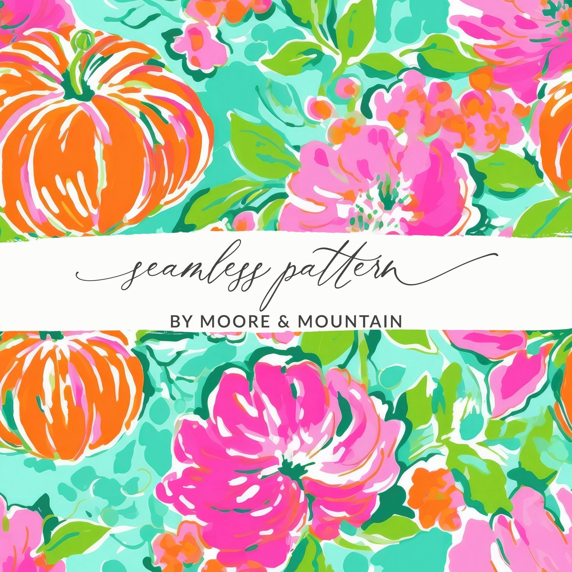 Digital Pumpkin Flower Seamless Pattern, Fall Floral Print, Bold Pink Orange Autumn Design, Fabric Pattern, 12x12 JPEG Files - Moore and Mountain