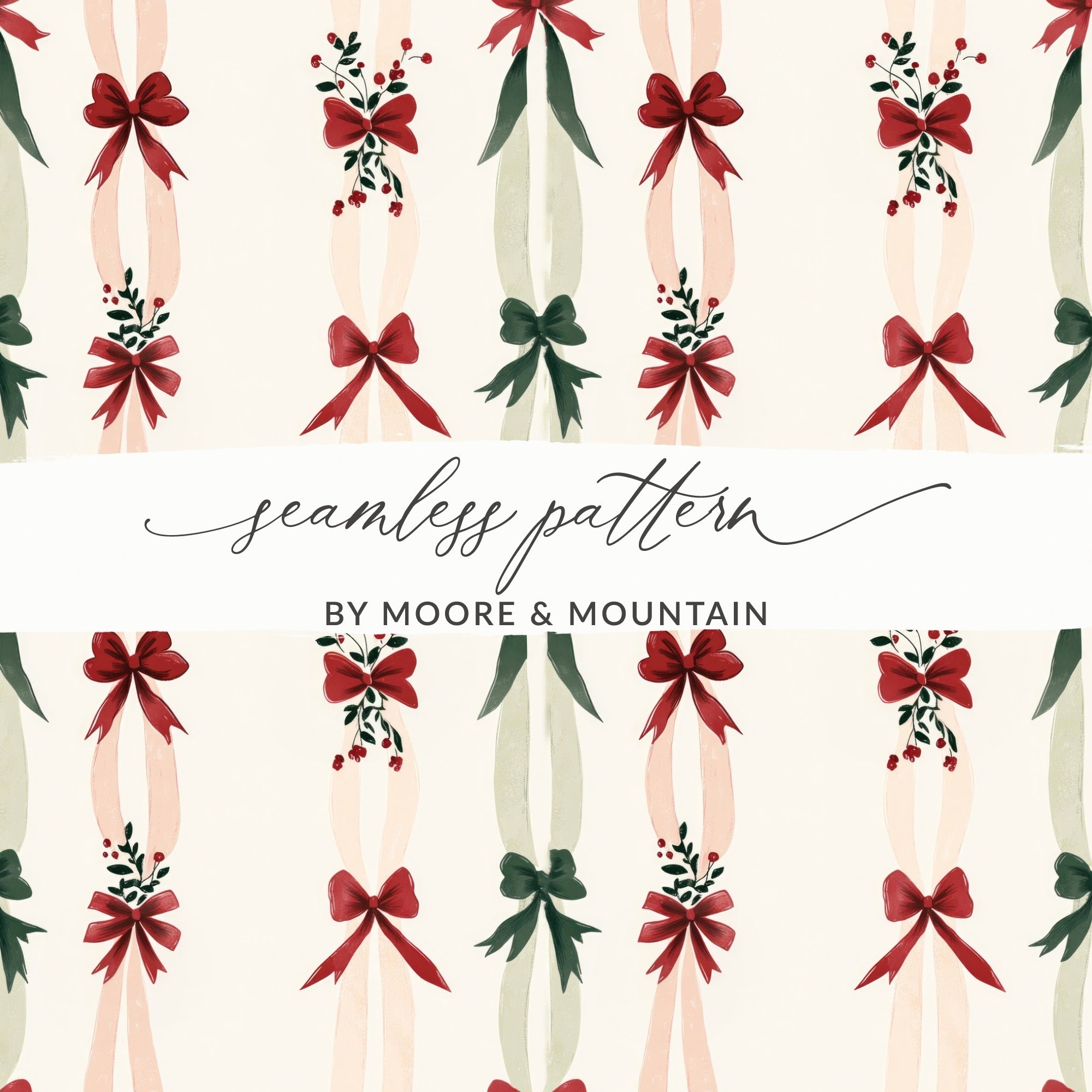 Digital Red Green Christmas Bows Pattern, Watercolor Holiday Ribbons, Festive Background, Repeating Digital Paper, Printable Digital - Moore and Mountain