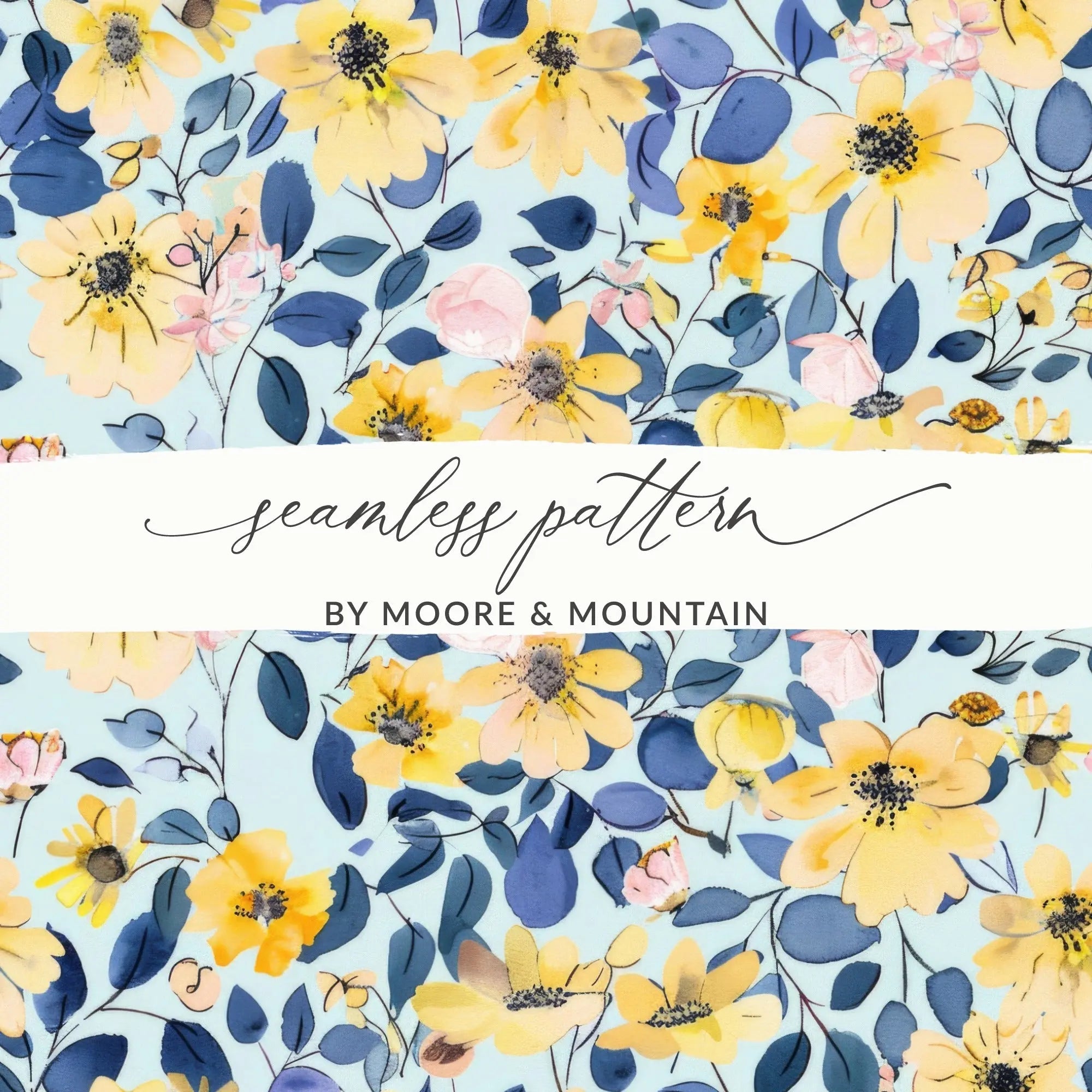 Digital Yellow Floral Seamless Pattern, Watercolor Flowers Fabric Design, Botanical Digital Paper, Spring Textile Print, JPEG Files - Moore and Mountain