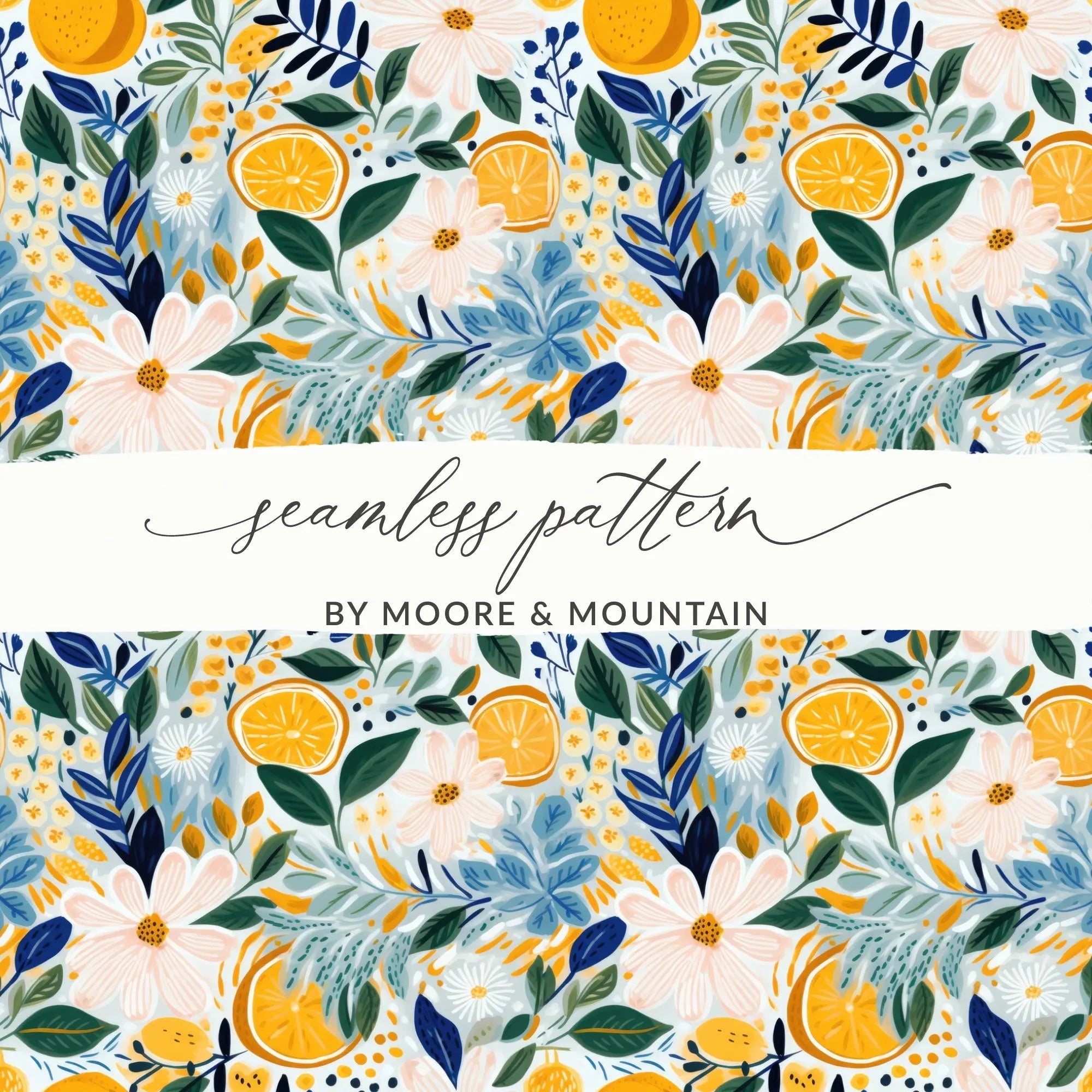 Ditsy Floral Citrus Seamless Pattern Digital Download, Flower Repeat Pattern, Botanical Print, Summer Fabric Design, Surface Pattern Design - Moore and Mountain