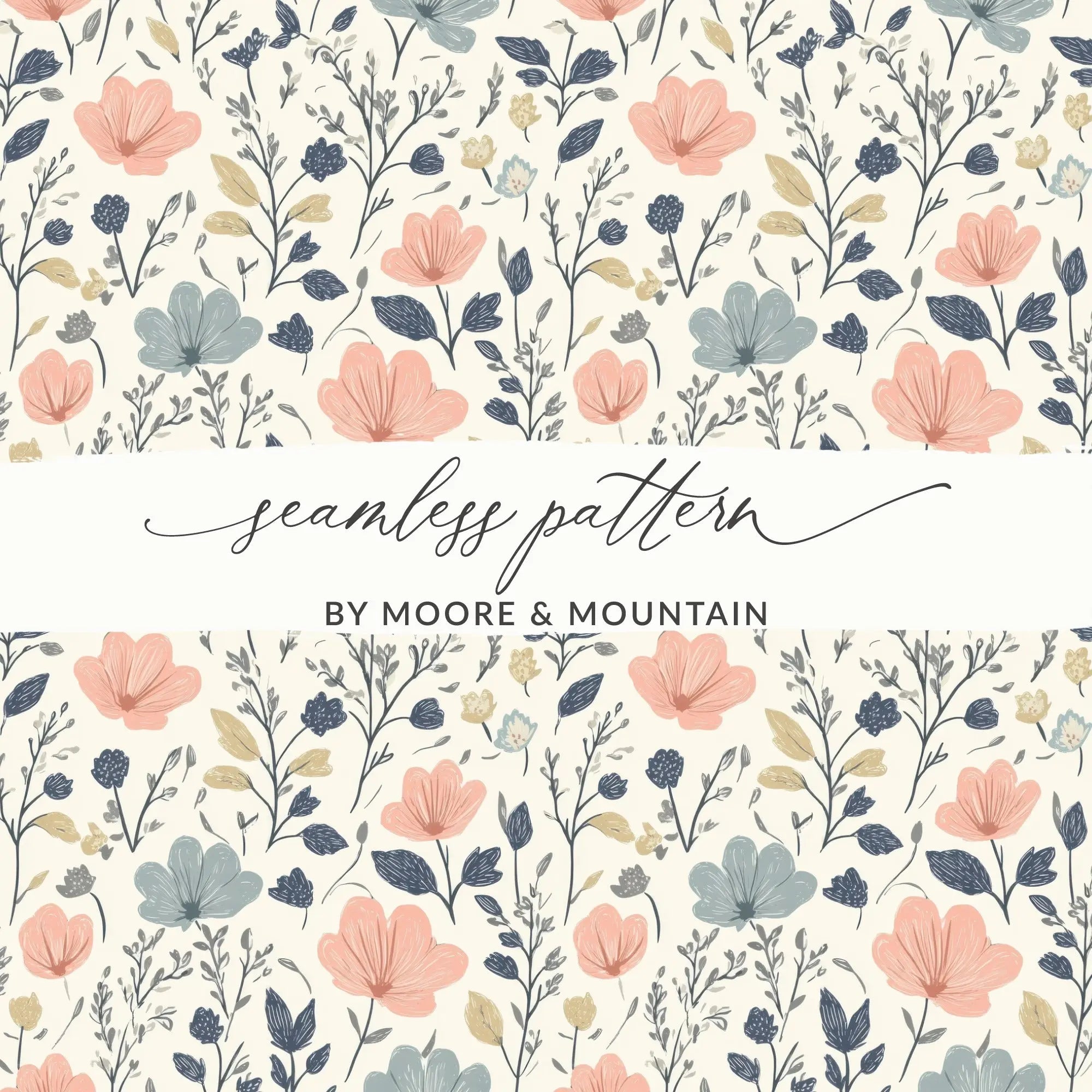 Ditsy Floral Digital Seamless Pattern, Pink and Blue Flowers, Commercial Use, Print on Demand, 12x12 JPEG, Cute Floral Fabric Design - Moore and Mountain