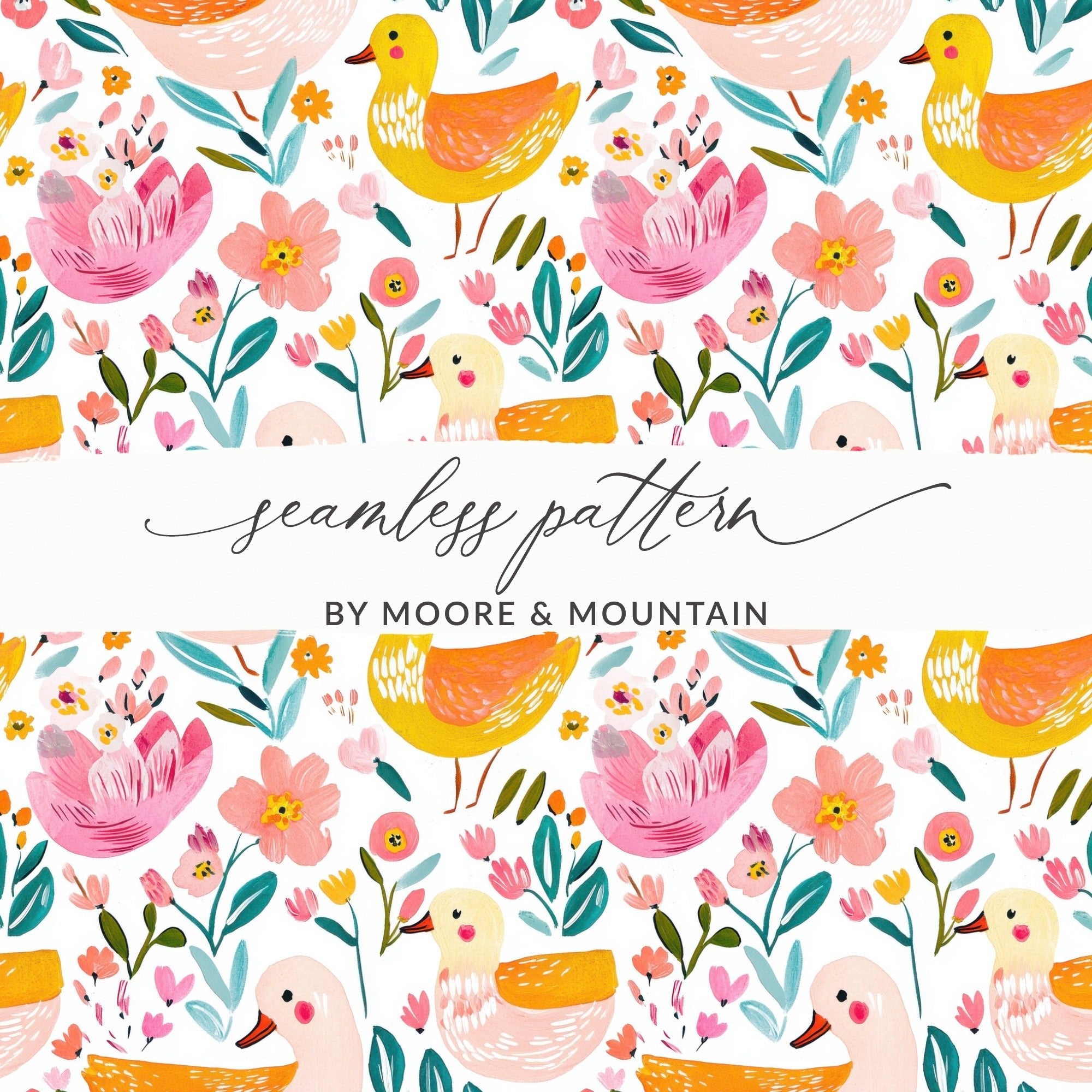 Duck Seamless Pattern, Floral Digital Paper, Watercolor Animal Print, Nursery Fabric Design, Cute Duckling Pattern, Repeating Tileable JPEG - Moore and Mountain