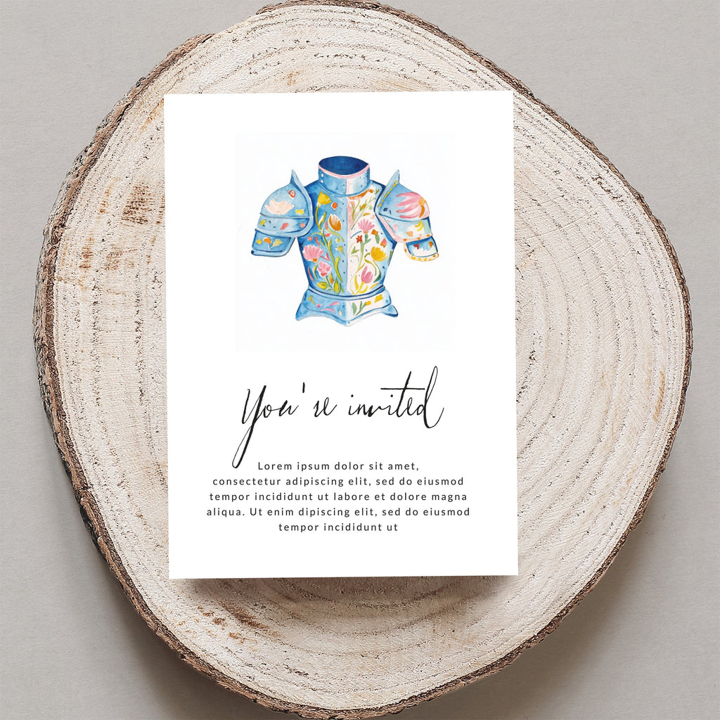 Watercolor armor with floral design on invitation: "You're invited."