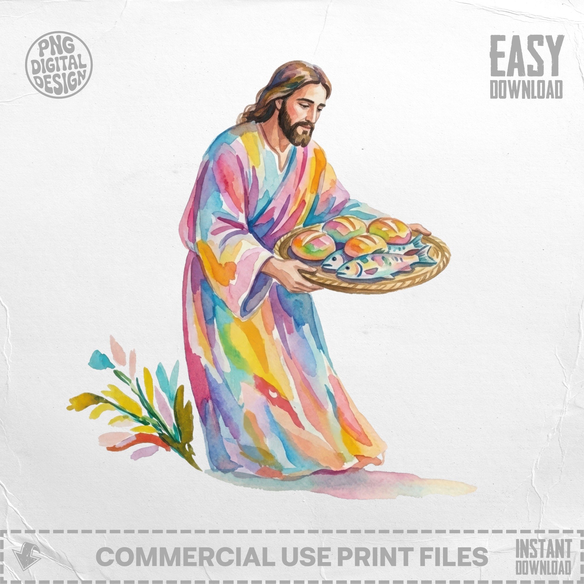Jesus holding a basket of fish and bread, watercolor illustration.