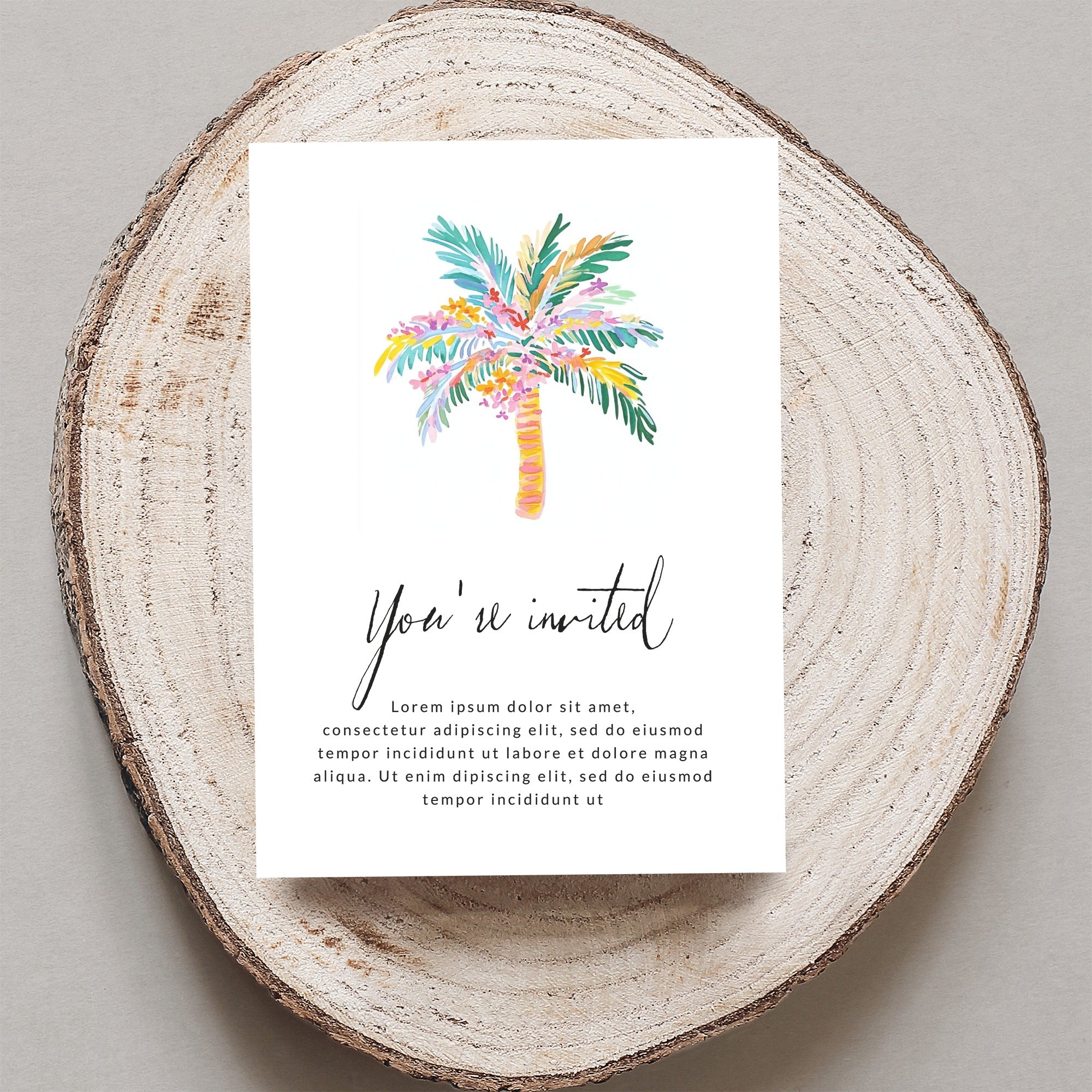 Invitation card with a watercolor palm tree and "You're invited" text.