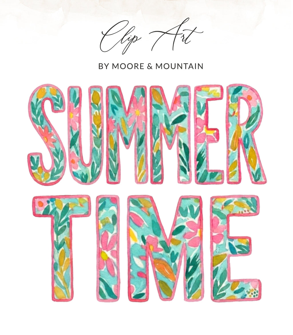 Watercolor "SUMMER TIME" text with floral patterns on turquoise background.