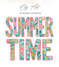 Watercolor "SUMMER TIME" text with floral patterns on turquoise background.