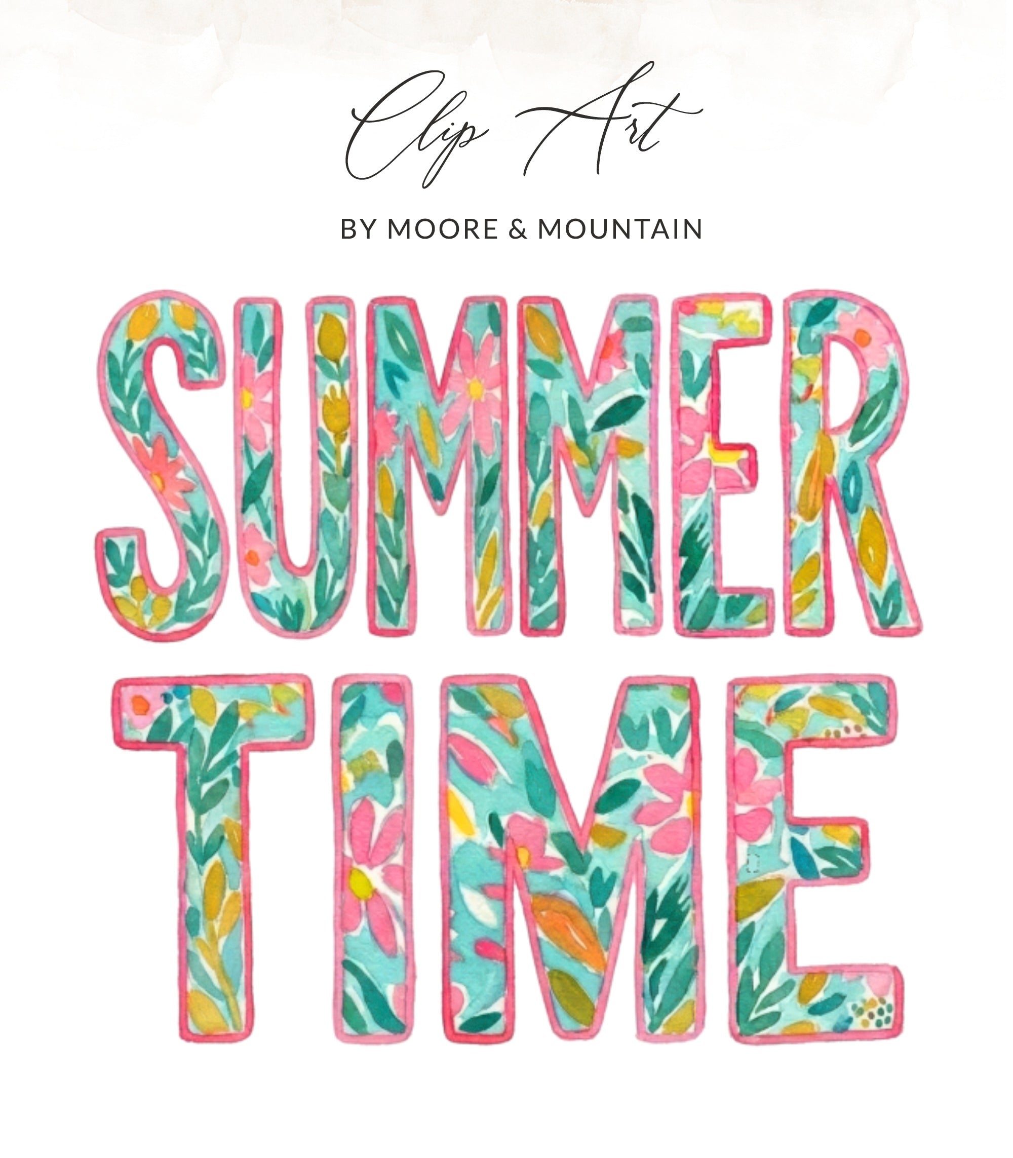 Watercolor "SUMMER TIME" text with floral patterns on turquoise background.