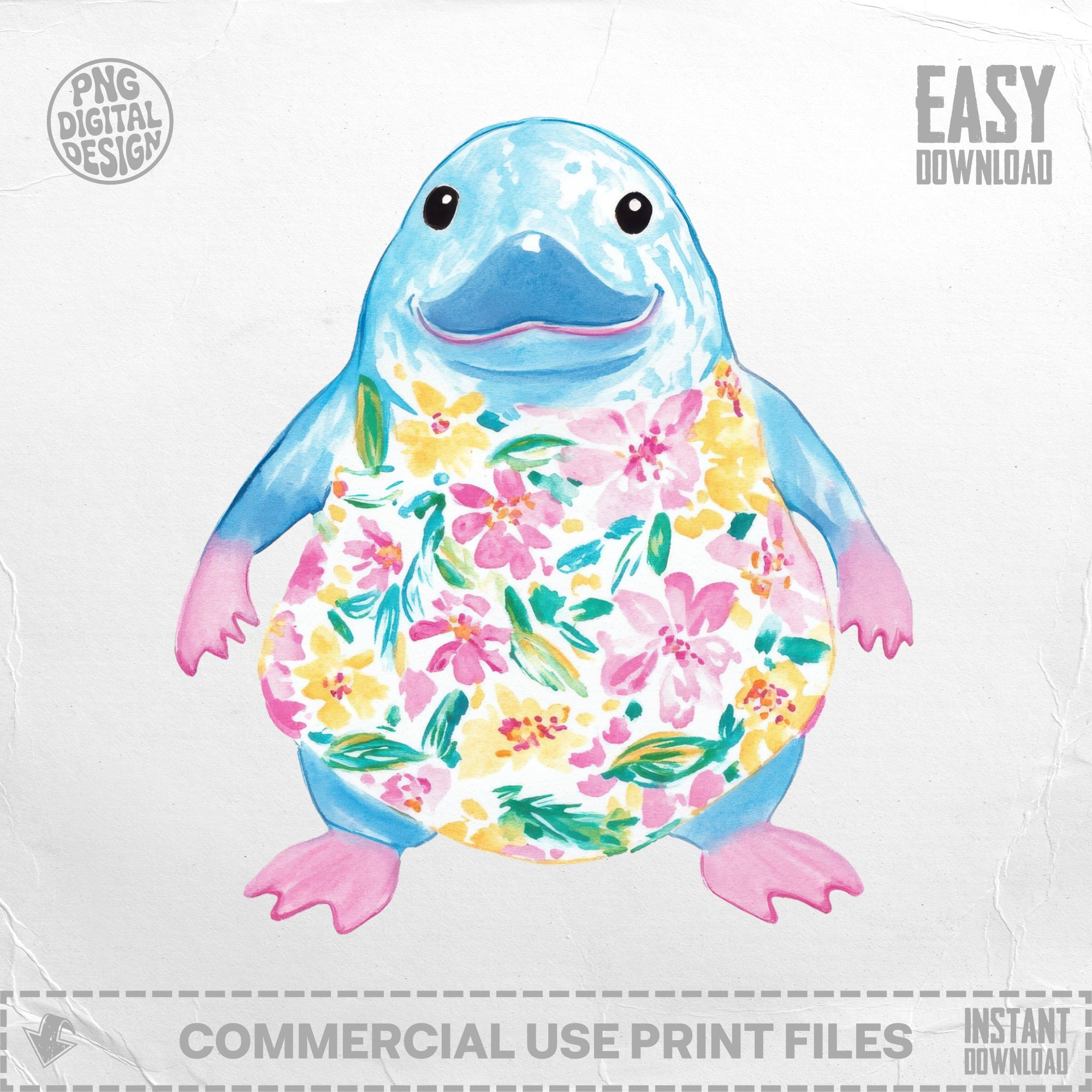 Blue duck-like creature wearing a floral watercolor apron.