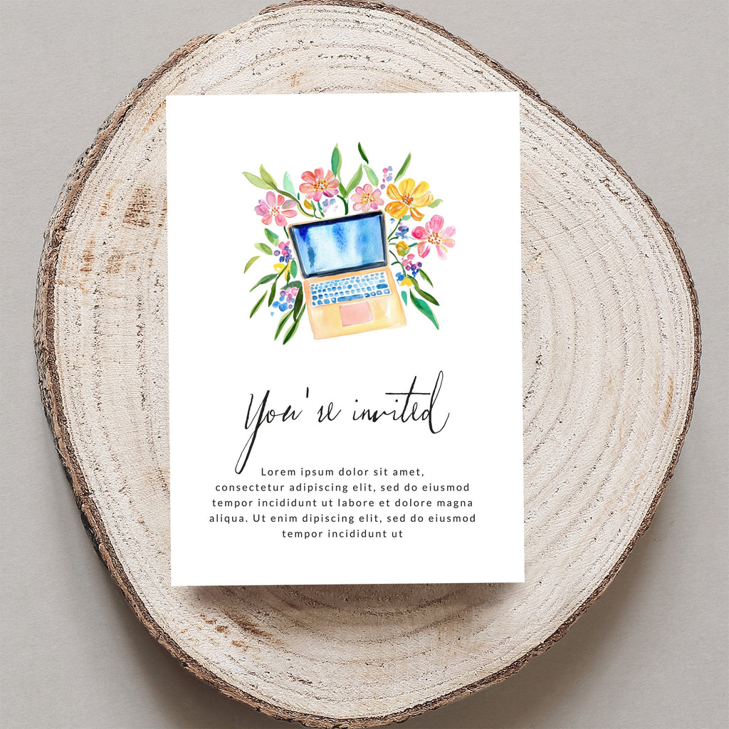 Card with "You're invited" and floral laptop illustration.