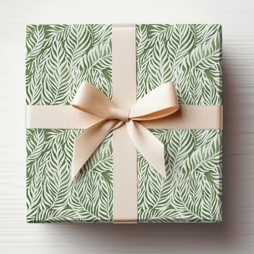 Elegant Green Leaf Pattern Gift Box with Cream Ribbon