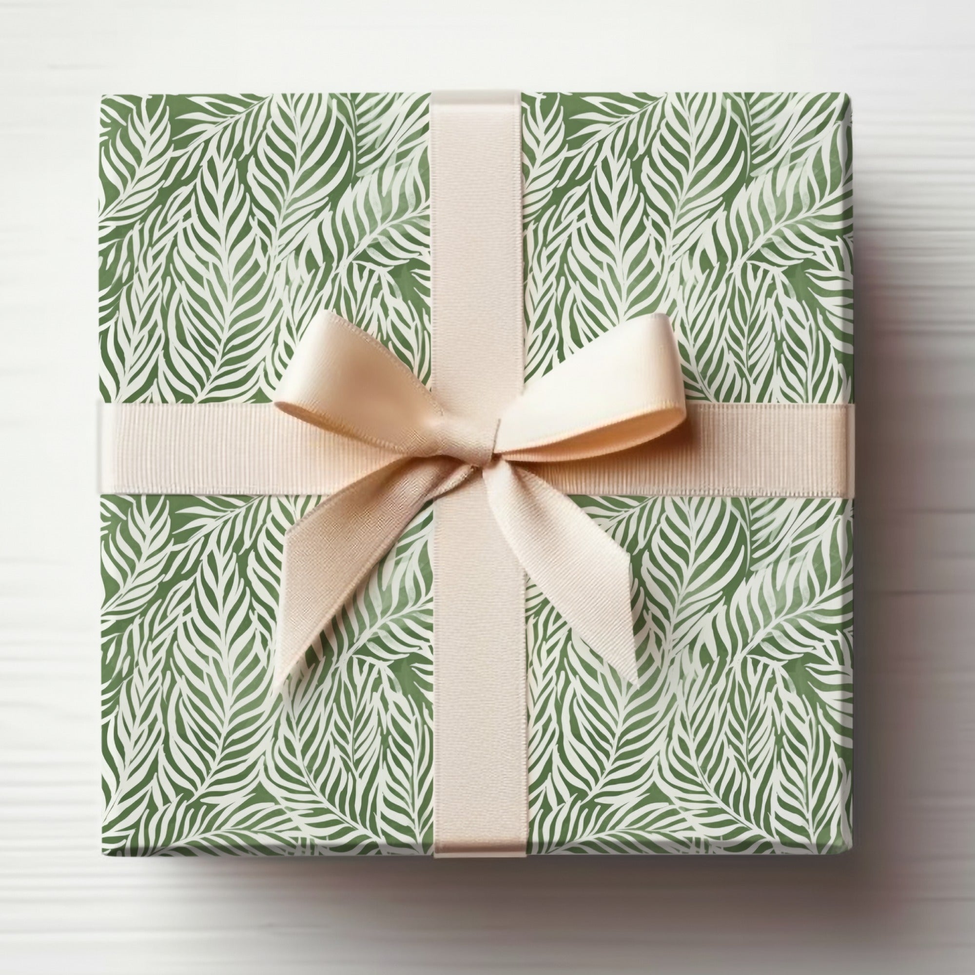 Elegant Green Leaf Pattern Gift Box with Cream Ribbon
