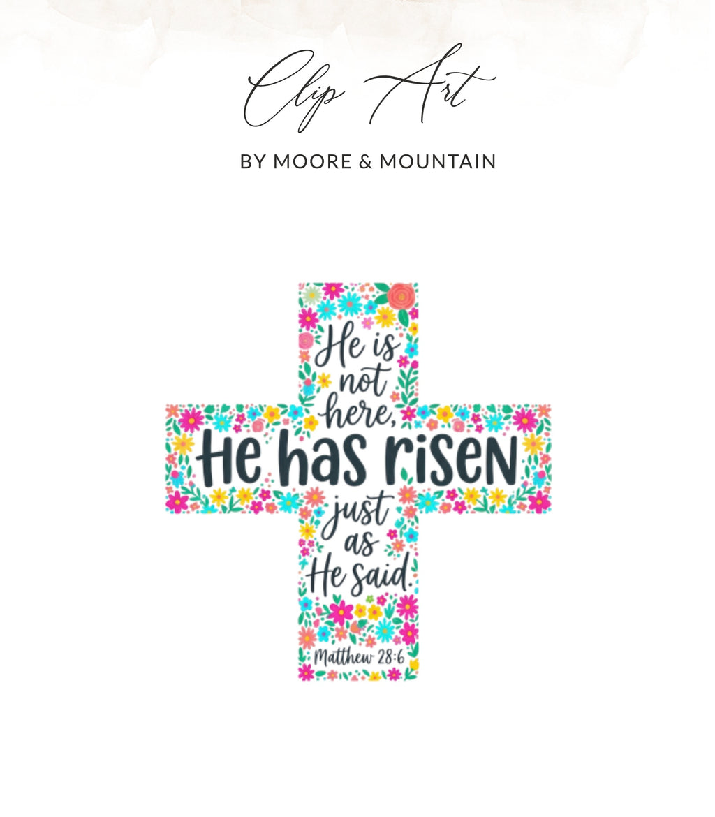 Floral cross with "He has risen" text, Matthew 28:6.