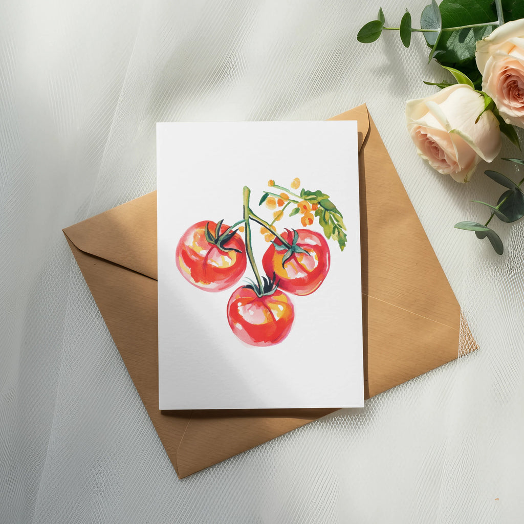 Watercolor illustration of three red tomatoes on a vine on a card.