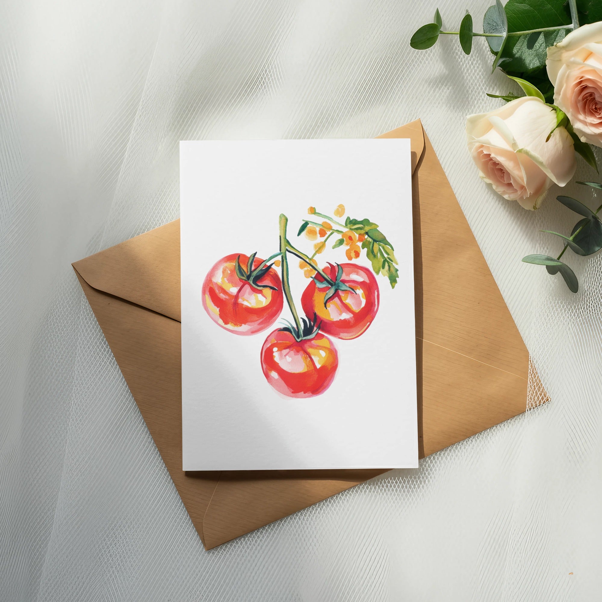 Watercolor illustration of three red tomatoes on a vine on a card.