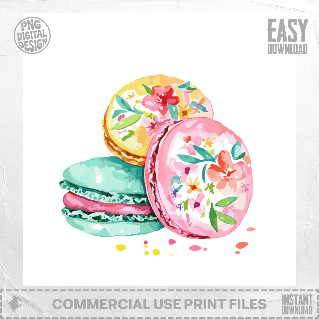 Three colorful macarons with floral watercolor designs and "Easy Download" text.