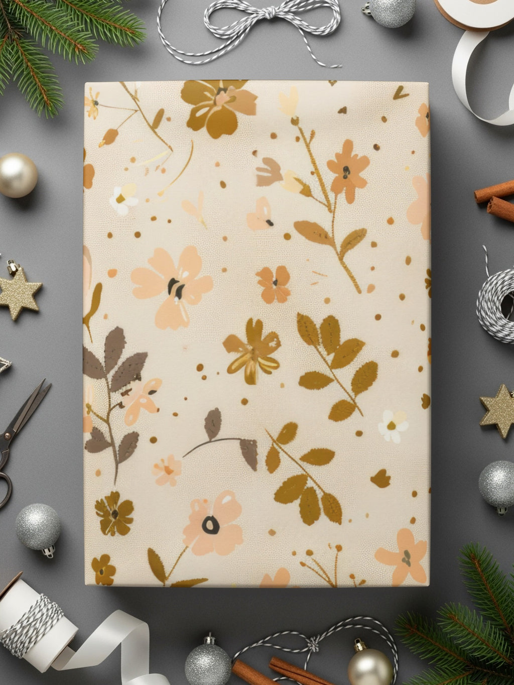 Floral Beige and Brown Themed Wrapping Paper Roll