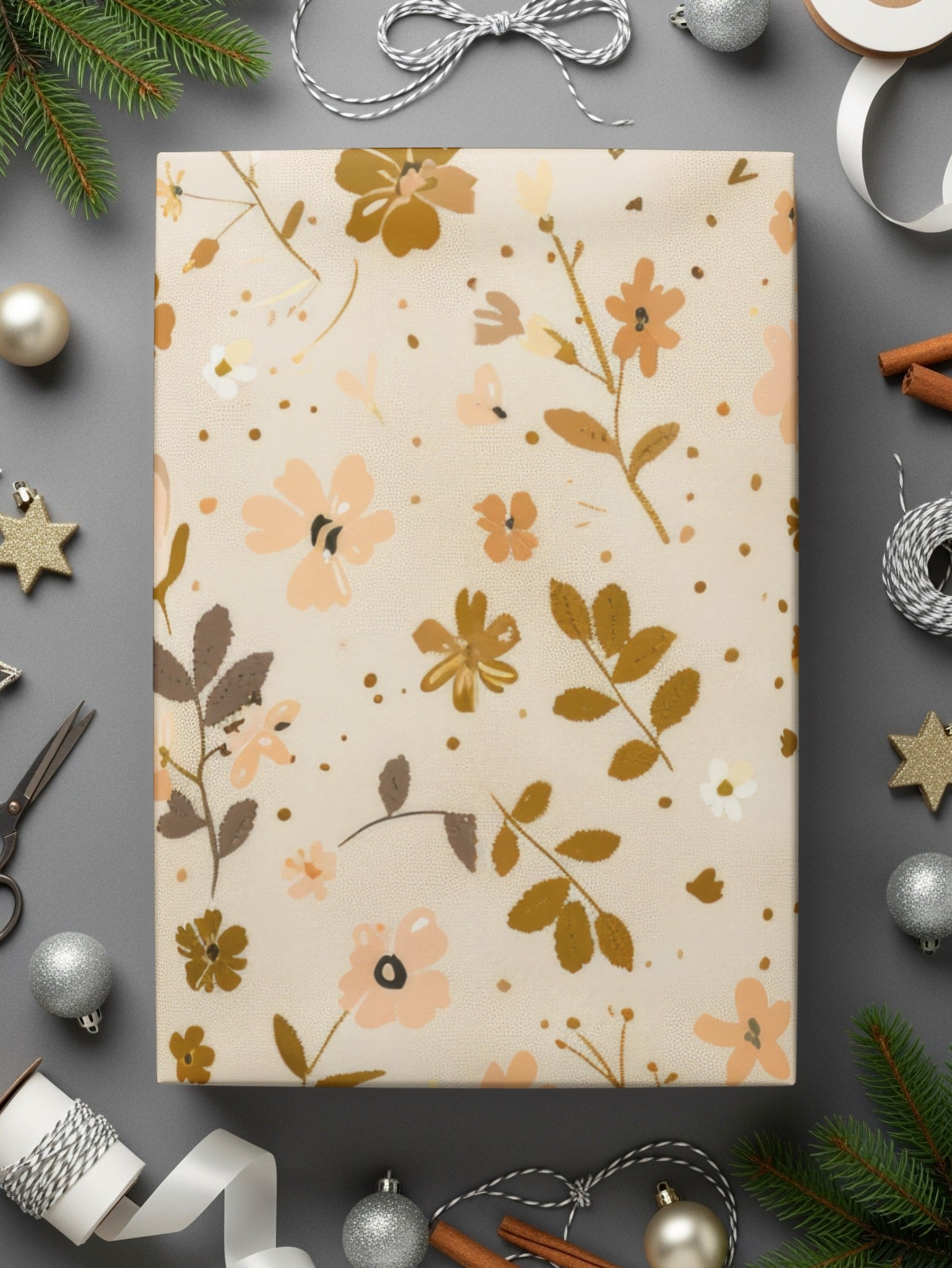 Floral Beige and Brown Themed Wrapping Paper Roll